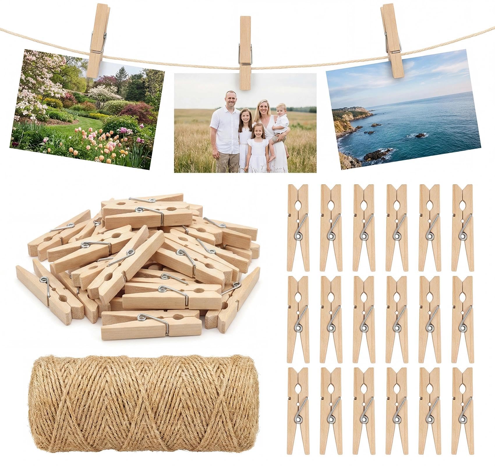 ABSOFINE 100 Pcs Mini Wooden Pegs 328 Feet & 3.5cm Twine String 3-Ply, Craft Clothes Pegs Clips, String and Pegs for Photos DIY Decorative Arts & Crafts, Weddings & Events