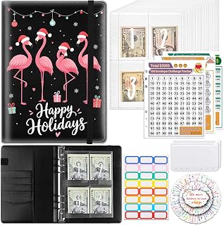100 Envelopes Savings Challenge Binder, Xmas Flamingo Group | Waterproof A5 PU Cash Stuffing Budget Planner with Cash Envelopes, Gift for Women & Couples