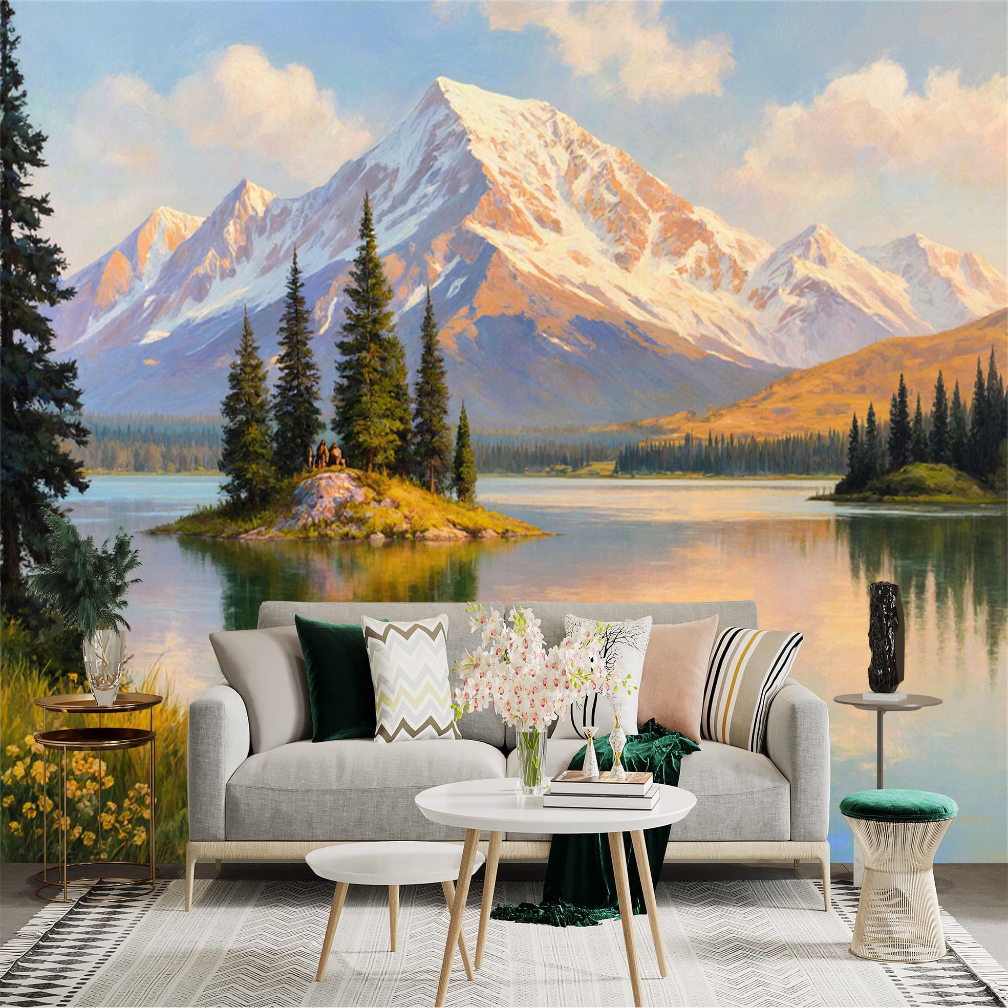 Custom Size Wall Sticker Mural， Scenic Mountain Lake Landscape， Majestic Snowy Peaks， Peaceful Forest Island with Small Boat， for wall Decoration， peelandstick wall Decals.