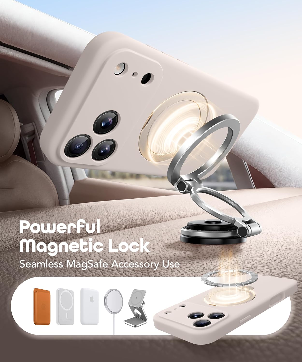 GolbinBox for iPhone 17 Pro Case with 360° Spin Magnetic Stand, [Compatible with MagSafe][Full Camera Protection], Full Body Shockproof Liquid Silicone Case with Ring Kickstand for 17 Pro 6.3'', Stone - Image 3