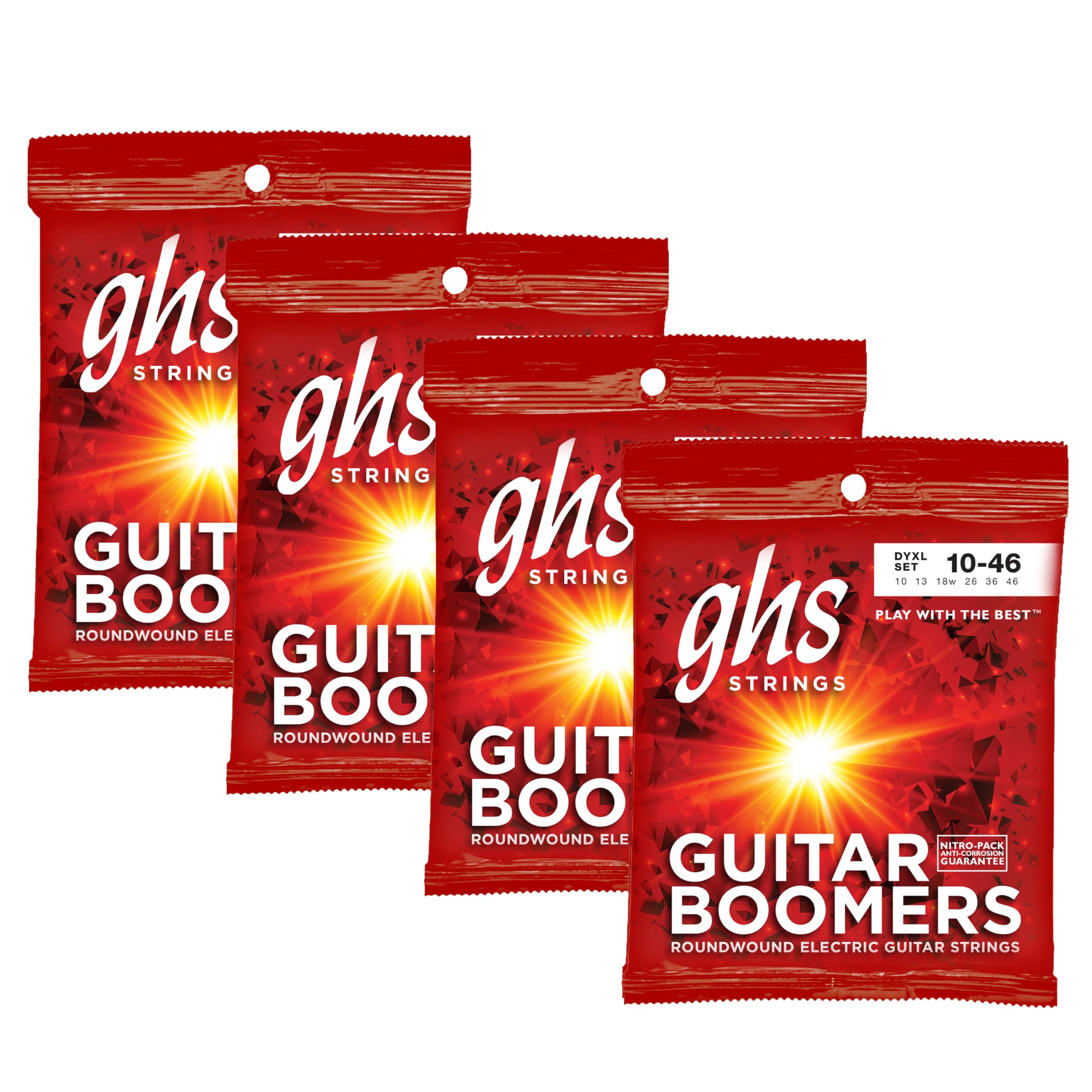 DYXL Boomers, Nickel Plated Steel Electric Guitar Strings, Legendary Strength, Consistent Intonation, Long Lasting Brightness, Tone & Sustain. Wound 3rd (G), 10-46, XLT Gauge, 4 Pack