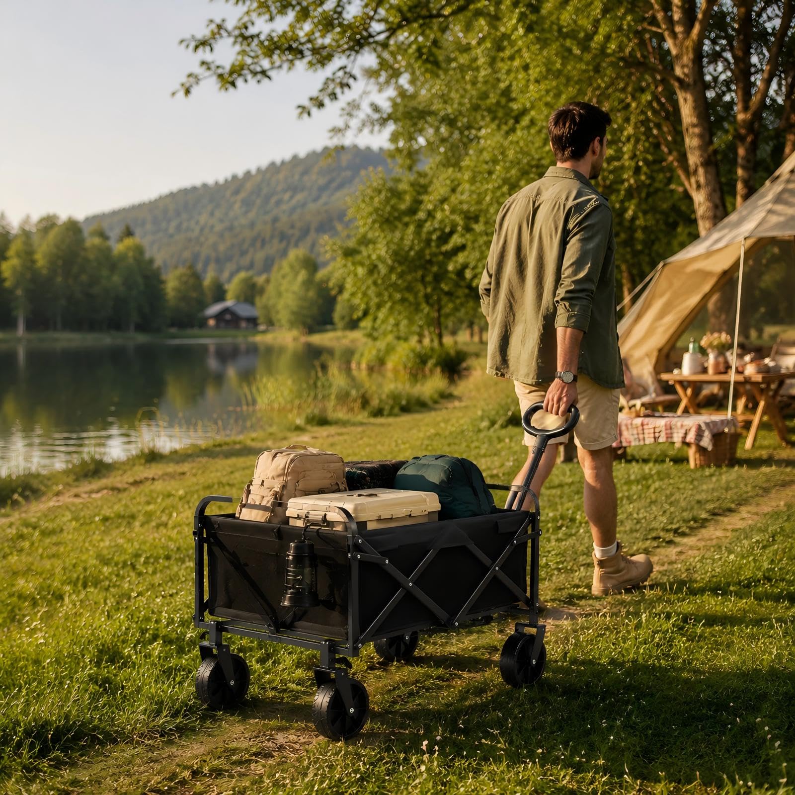 Zstar Bollerwagen Faltbar 220L, 73 x 46,5 x 89,5 cm, Handwagen mit 180 kg Tragkraft, 360° Geländerädern, Verstellbarem Griff, 600D Oxford-Gewebe, für Camping, Garten, Strand und Einkäufe, Schwarz