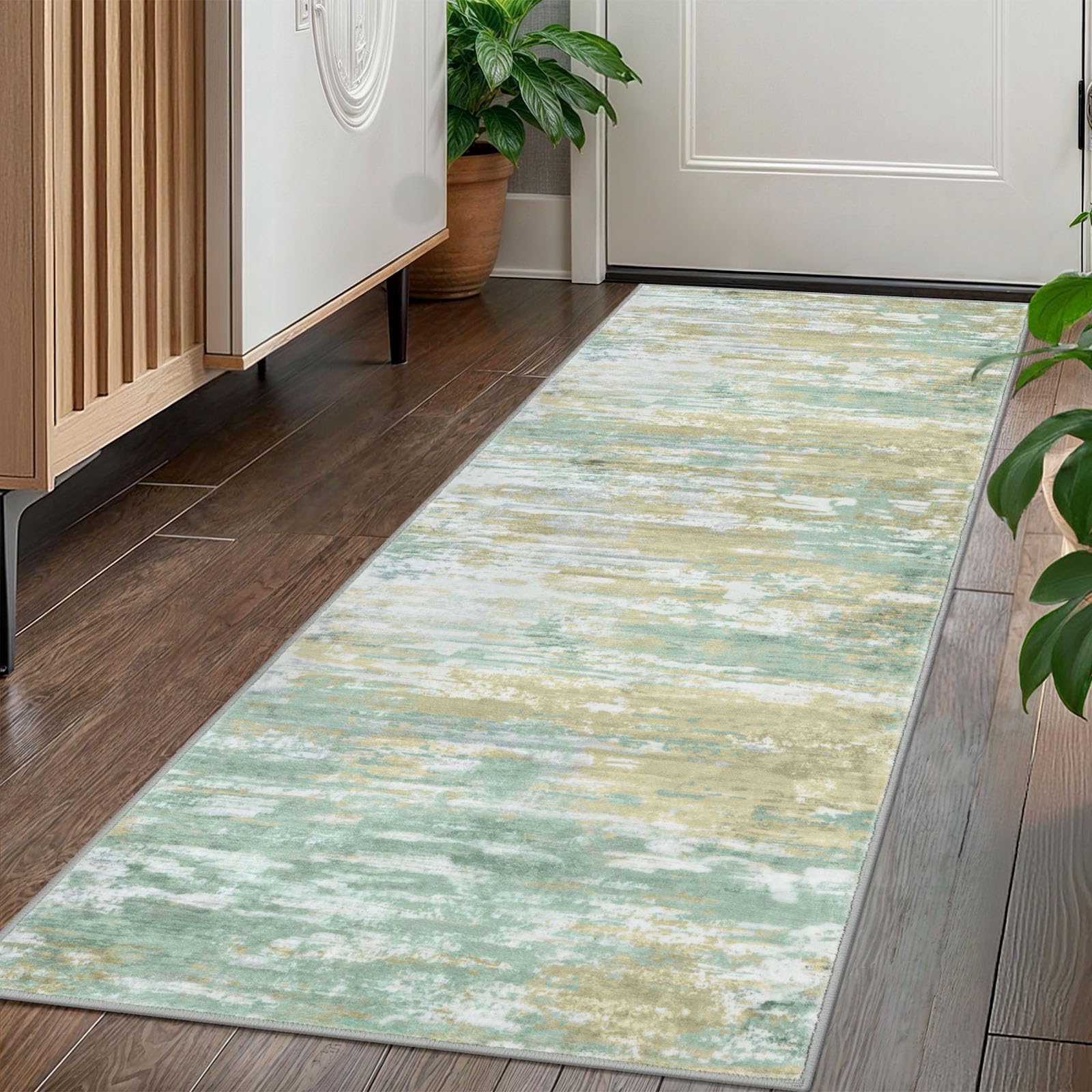 KOZYFLY Kitchen Runner Rug for Hallway Non-Slip Modern Abstract Runner Rug 2x5 Light Green Yellow, Washable Carpet Runner Laundry Room Mat with Soft Low Pile for Entryway Bathroom Bedroom Kitchen — image 1