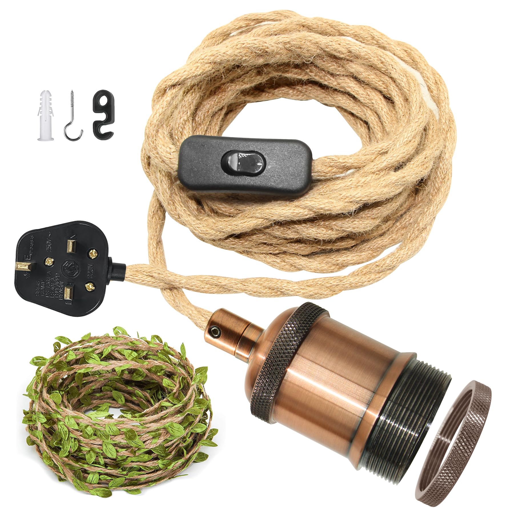 ZRLXFM E27 Metal Lamp Holder with 5.1M Hemp Rope Wire, Plug in Pendant Light Cord with Switch, Retro Ceiling Hanging Lighting Fitting for DIY Lampshade, Equipped with 5M Green Leaf Decoration