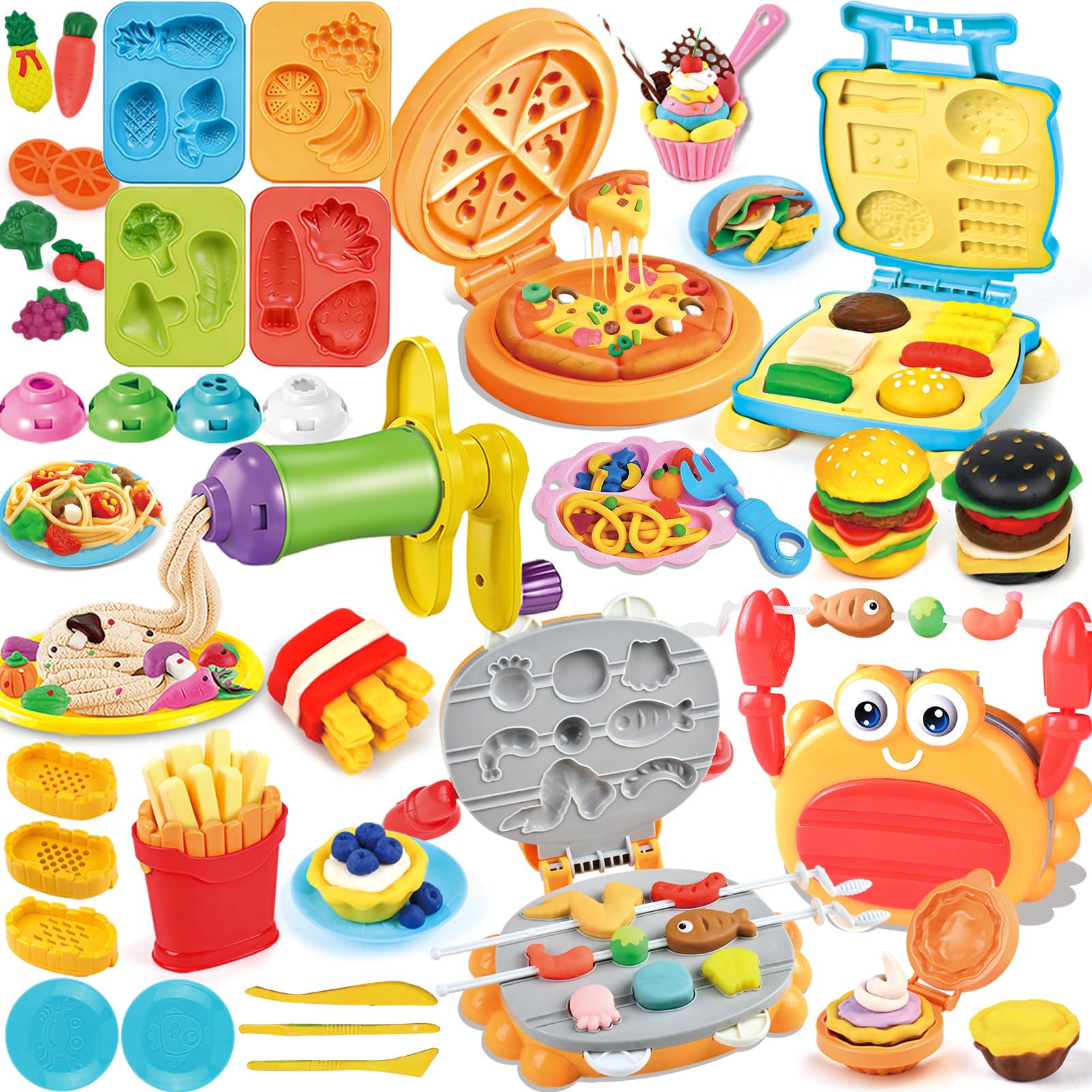 46 Pcs Dough Kitchen Set for Kids, Dough Toys Accessories with Crab Grill, 2 Skewers, Burger, Pizza, Pasta, Fries & Mini Tart Makers, Moulds, Plates Dough Tools Kit
