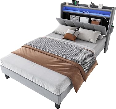 3ft Single Bed Frame with LED Concealed Storage Headboard&4 USB Ports, Velvet Fabric Functional Upholstered Platform Bed for Adults&Teenagers, Sturdy Metal-Wood Support, No Box Spring Needed, Grey