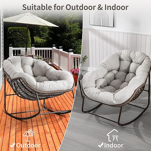 Miniatura 7 de HOMEFUN Mecedoras para patio al aire libre, mecedora Papasan de gran tamaño para interiores con cojín acolchado, silla mecedora para porche
