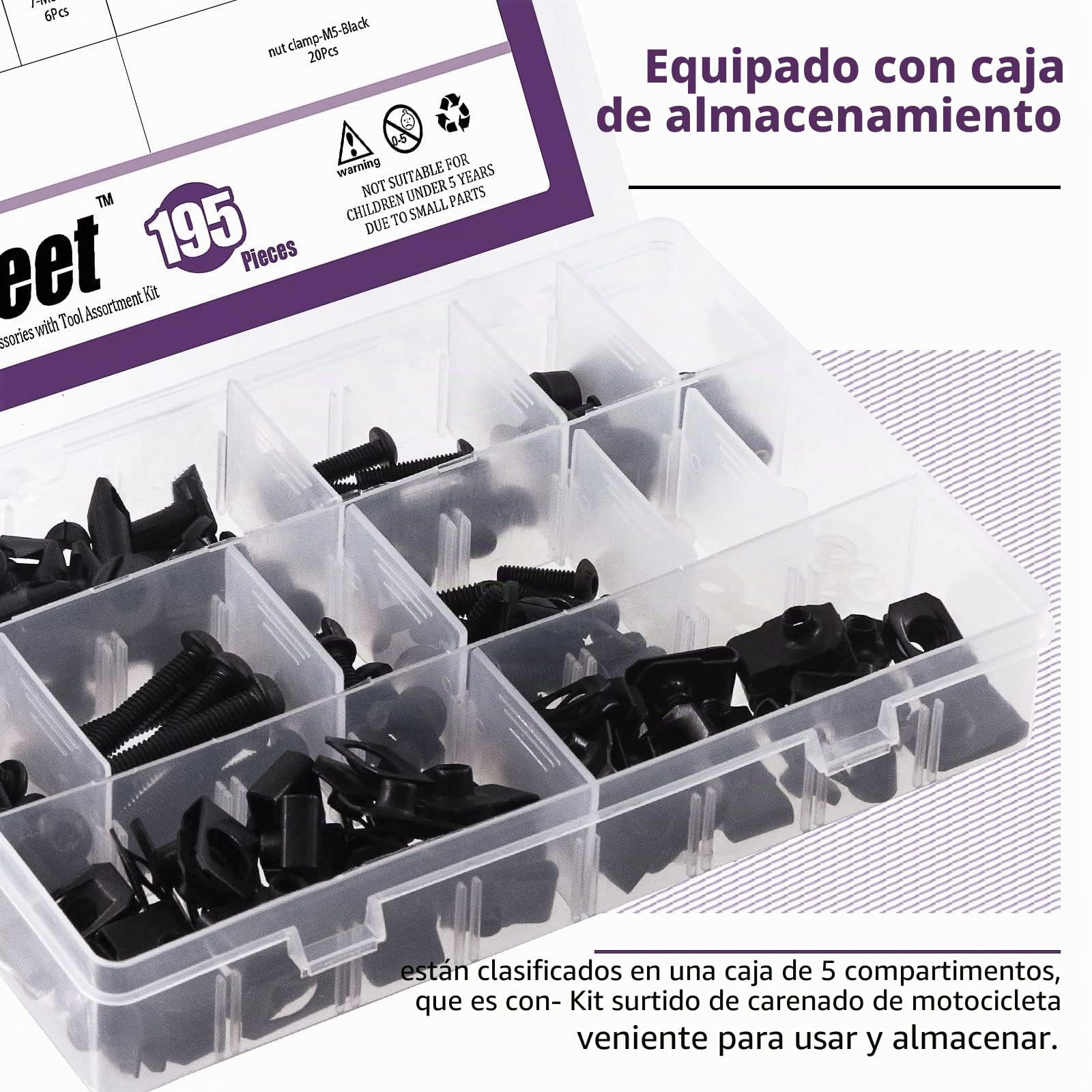 Swpeet Kit de 195 piezas de pernos universales de carenado de acero al carbono M5 M6 de 2 tamaños, kit surtido, tornillos sujetadores de parabrisas de motocicleta, pernos de carenado de fijación para