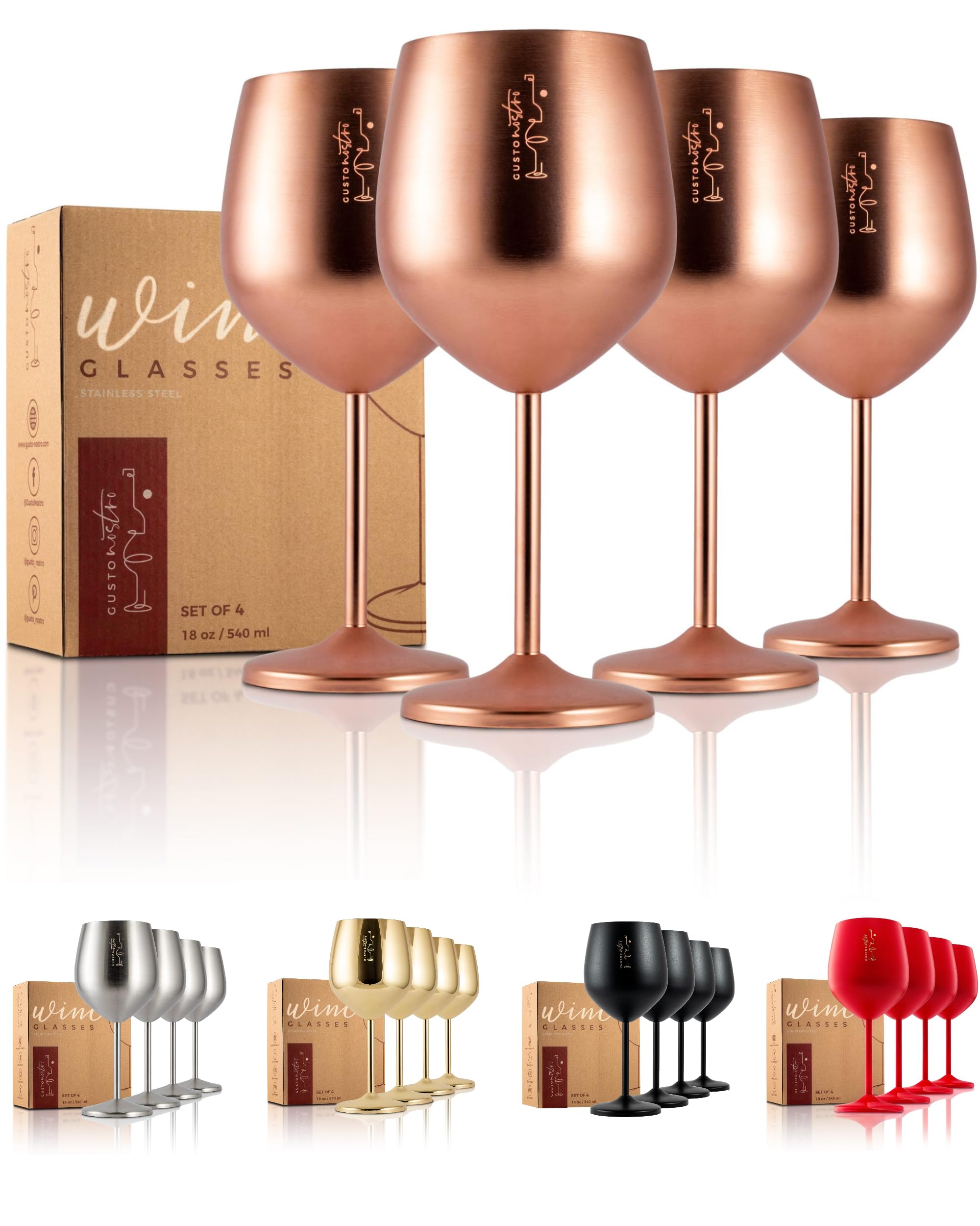 Gusto Nostro Stainless Steel Wine Glass - 18 oz - Unbreakable Rose Gold Wine Glasses for Travel, Camping and Pool - Fancy, Unique and Cool Portable Metal Wine Glass for Outdoor, Picnics (Set of 4)