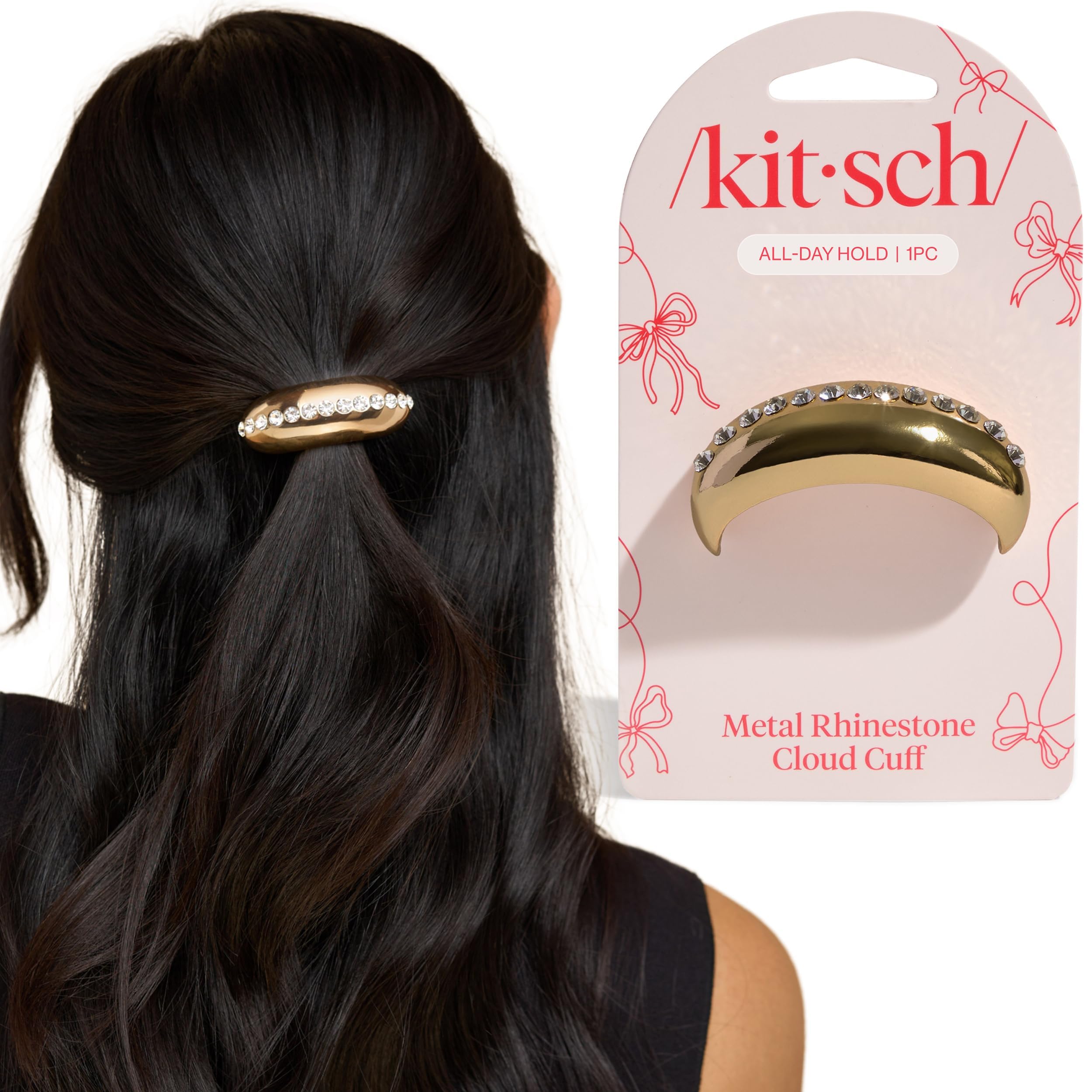 Kitsch Rhinestone Gold Hair Cuff - Metal Ponytail Cuff for Braids, Updos & Everyday Hairstyle | Durable & Elegant Hair Ties | Girl Fashion Accessories