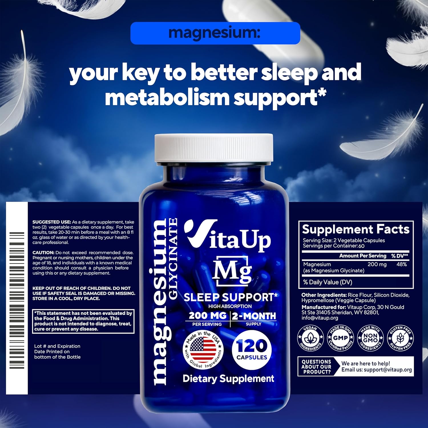 Magnesium Glycinate 200mg - USA Made Magnesium Supplement for Sleep, Heart, Bones, Metabolism Support - High Absorption Magnesium Bisglycinate Capsules - 120 Vegan Chelated Capsules - Image 9