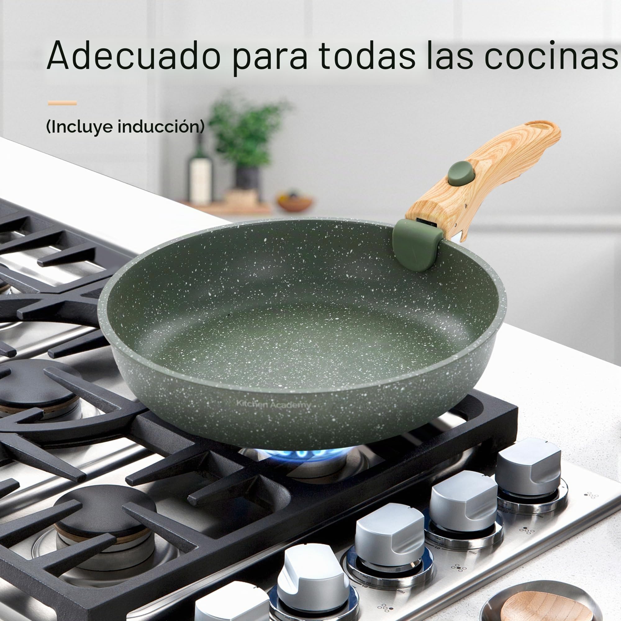 Juego de Sartenes Antiadherente 10 piezas con Mango Desmontable Verde | Juego de Cocina con Tapa de Cristal, Desmontable, Textura de Mármol, Apta para Inducción, Gas y Microondas