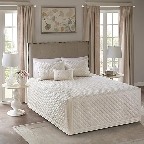 Madison Park Breanna 100% Cotton Fitted Bedspread Classic Traditional Design All Season, Lightweight, Bedding Set, Matching Shams, Queen(60"x80+24D), Diamond Quilted Ivory 4 Piece