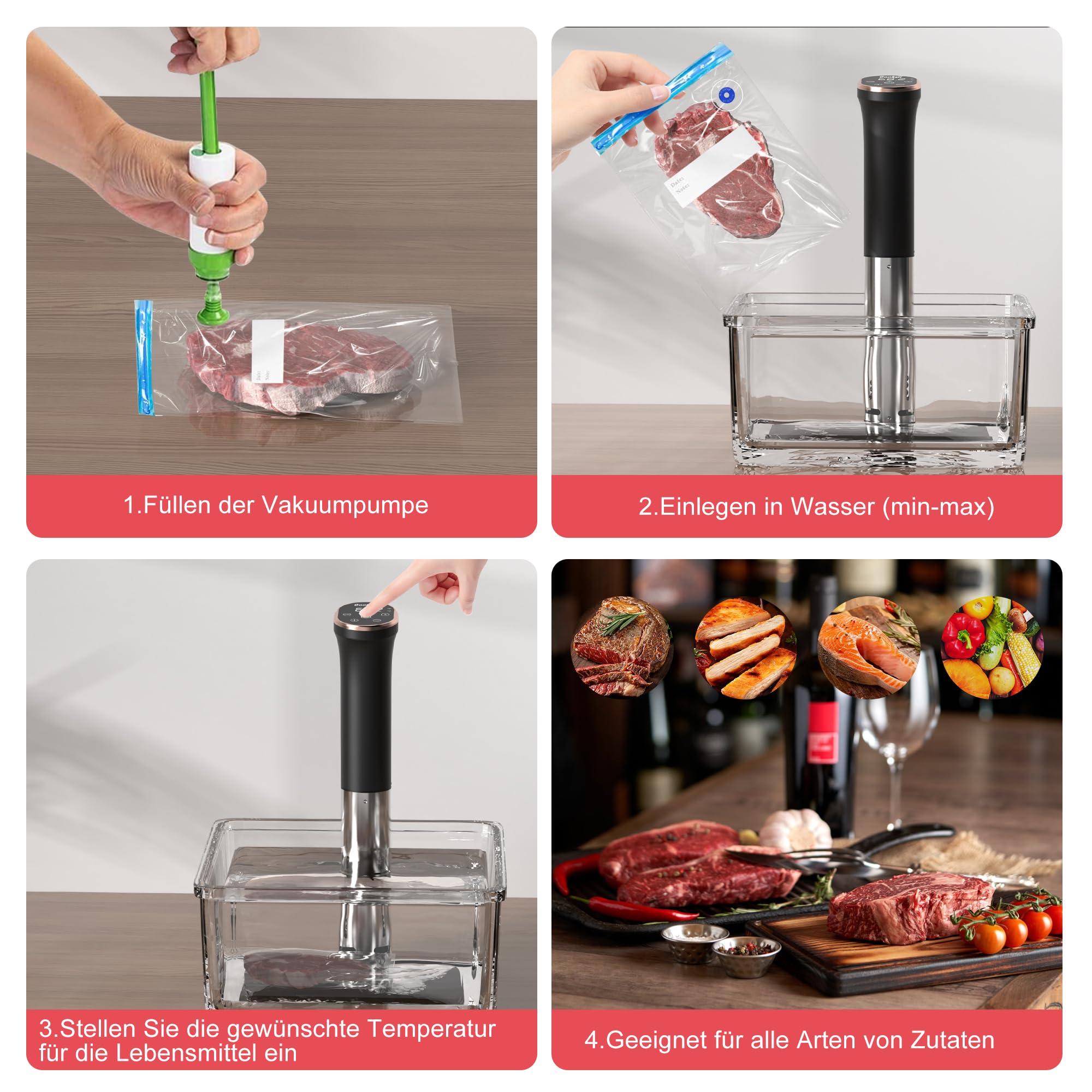 Sous Vide Roner Cocina Baja Temperatura, LED, 1400W, carcasa de acero inoxidable, funcionamiento Wi-Fi y táctil, Equipado con malla de acero inoxidable y bolsa de vacío con kit de bomba,