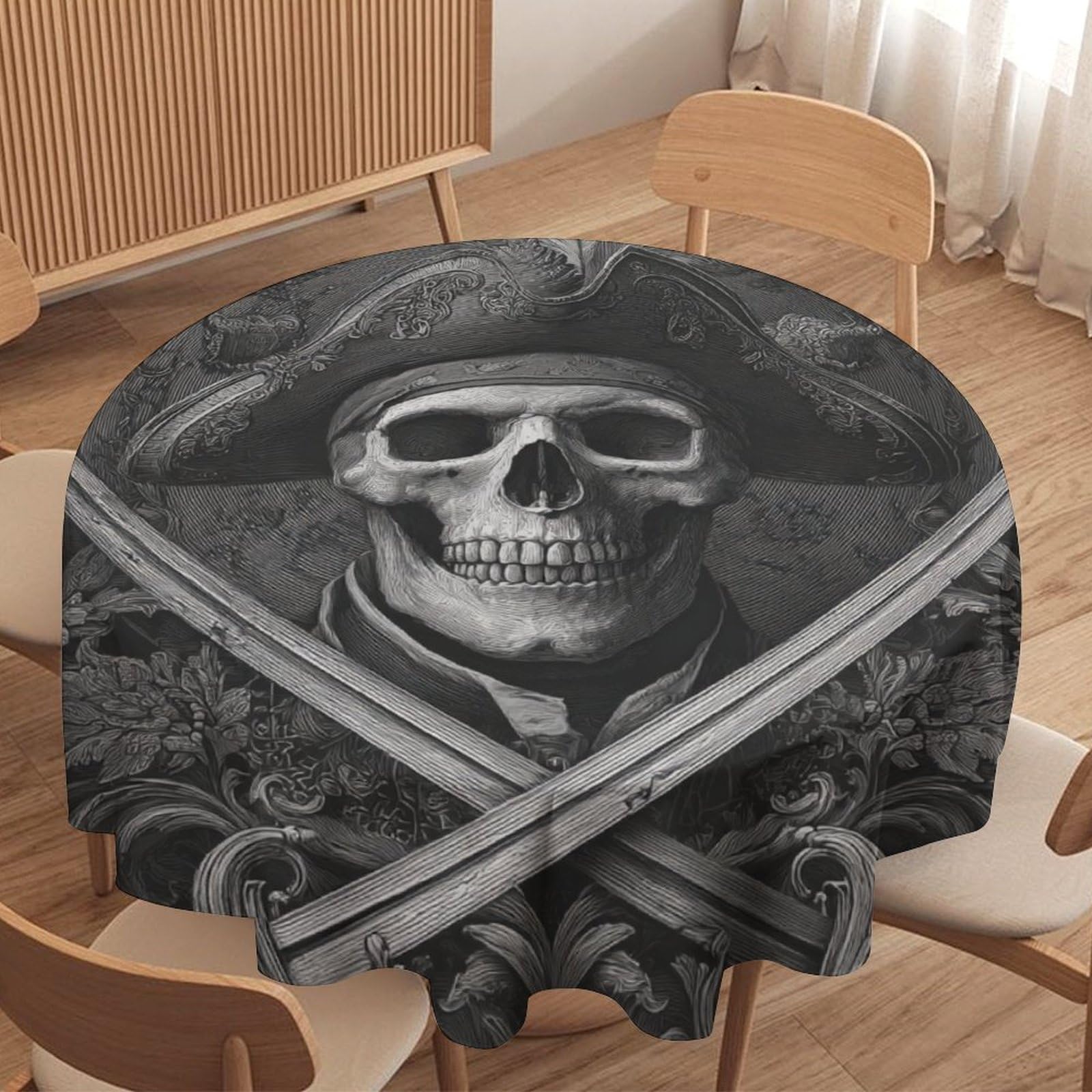 LUYYSKY Vintage Fantasy Viking Skeleton Waterproof Round Tablecloth Retro Oil Painting Mid Century Nordic Pirate Skull Skeleton Washable Table Cover for Kitchen-177.8" Wx177.8 L cm