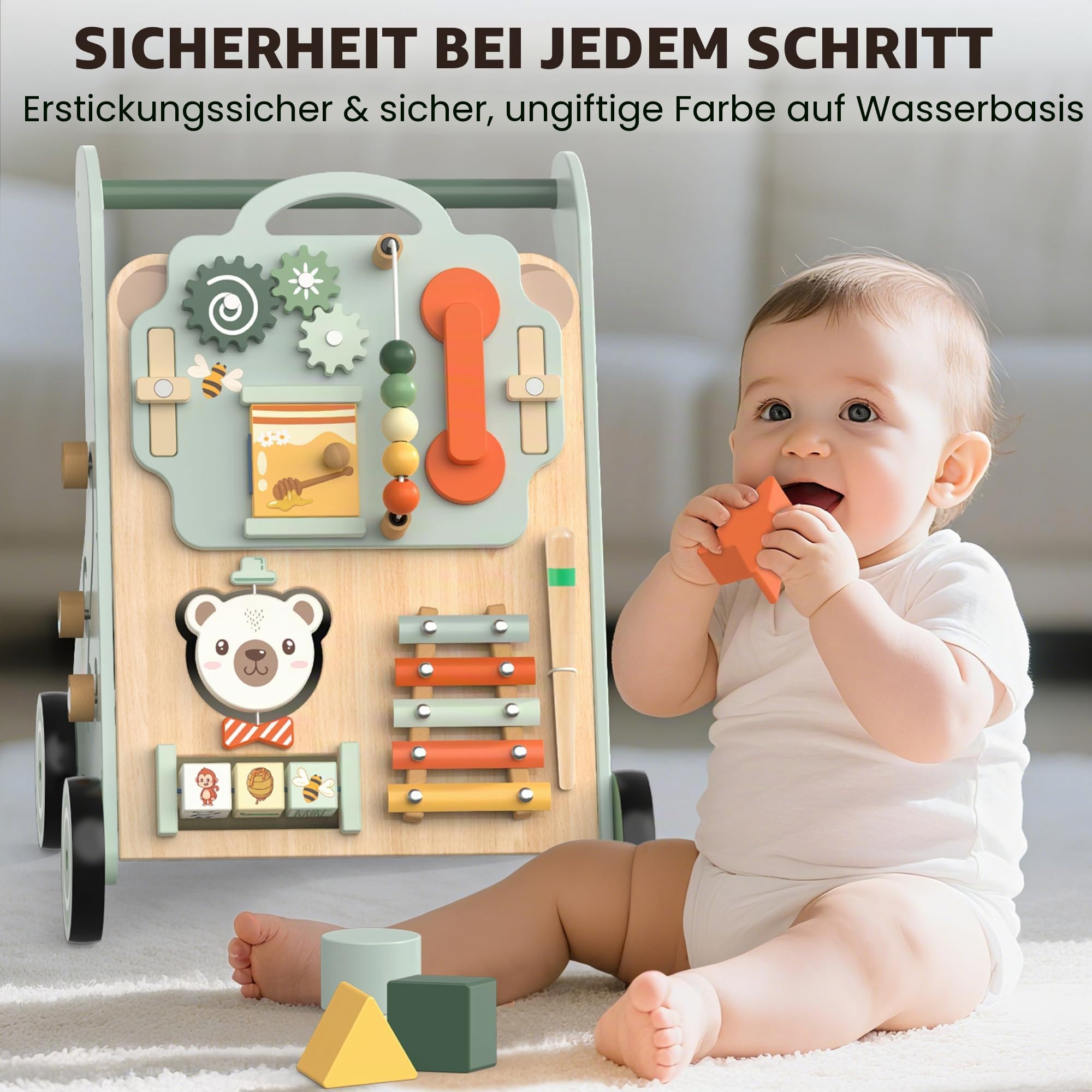 WOODMAM Baby Lauflernwagen aus Holz Lauflernhilfe ab 12+ Monaten Montessori Spielzeug Multifunktion Baby Walker Spielzeug für Kleinkind ab 1 Jahr Geschenk für Jungen und Mädchen