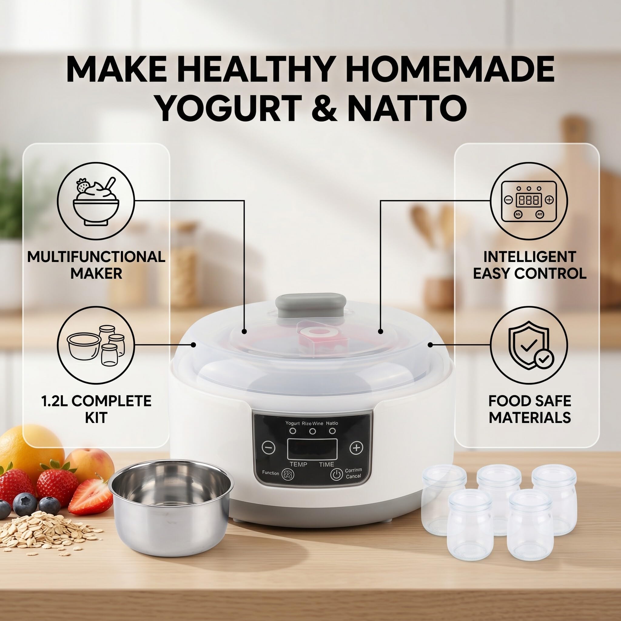 Yogurtera Eléctrica Máquina para Hacer Natto Casera Incubadora Pequeña con Frascos Revestimiento de Acero Inoxidable Máquina para Hacer Yogur Multifunción 1.2L Gran (Enchufe de