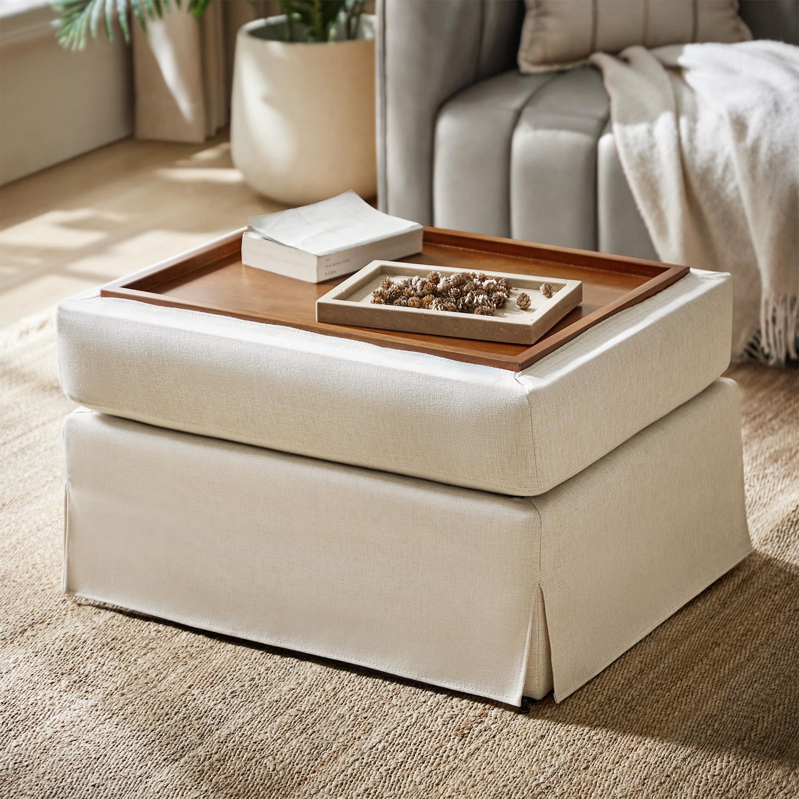 HULALA HOME Storage Ottoman Coffee Table with Lift Top, Farmhouse Linen Upholstered Ottoman with Removable Fabric Cover, 30-Inch Large Coffee Table