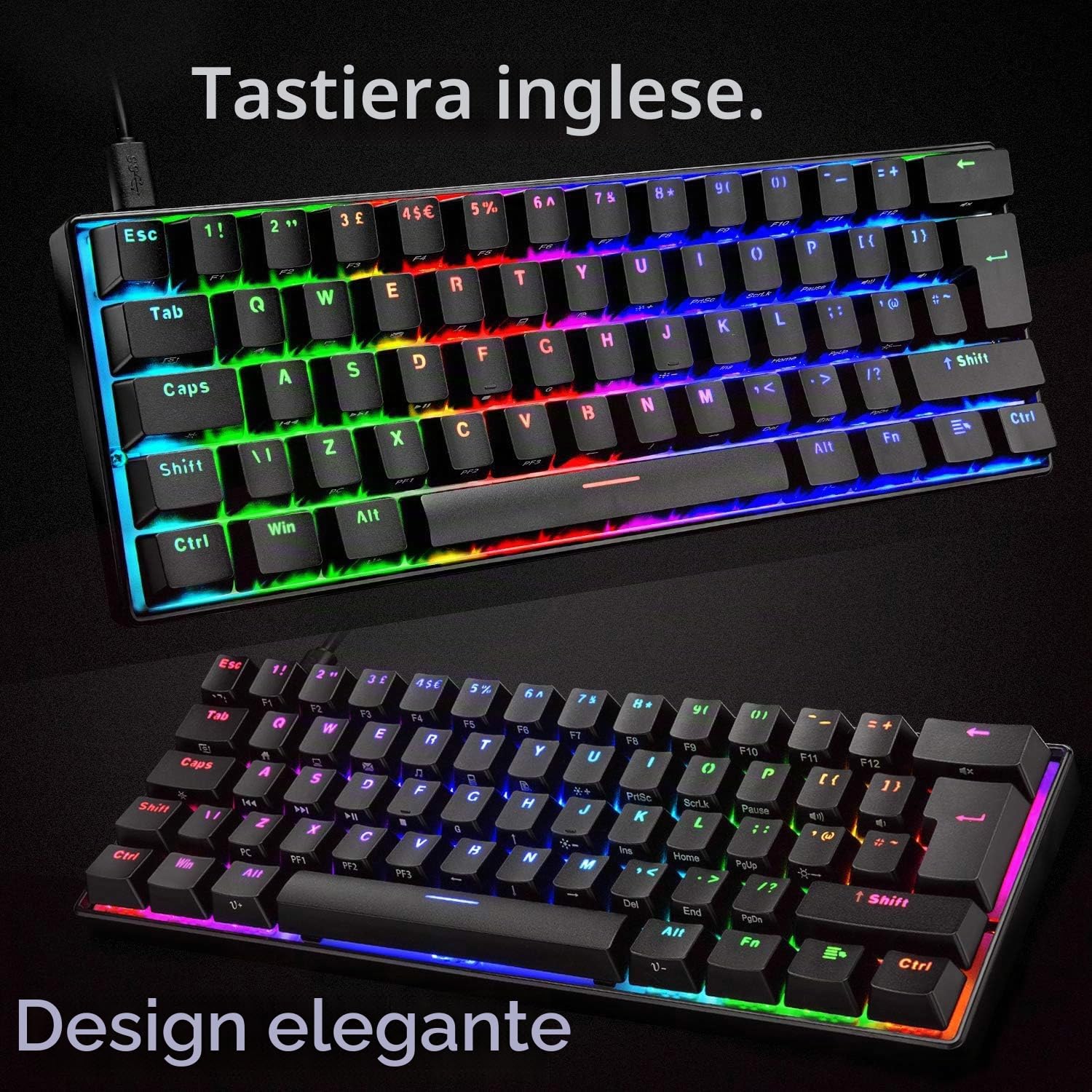 UK 61 60% Tastiera da gioco meccanica vera Tipo C Cablata 61 tasti Tastiera impermeabile USB retroilluminata a LED Retroilluminazione RGB Tasti anti-ghosting completi per computer/PC/laptop/MAC