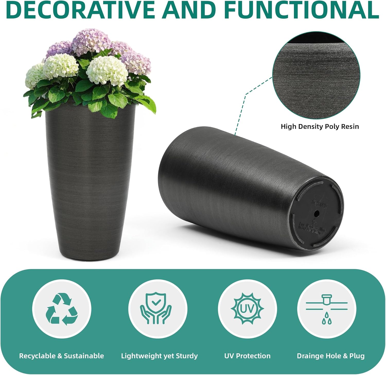 22.8" Tall Planters Set of 2, High-Density Resin Brushed Outdoor Pots for Plants, Versatile Indoor/Outdoor Flower Pots w/Drainage Hole for Patio Garden Porch & Living Room Decor, Ideal Gift
