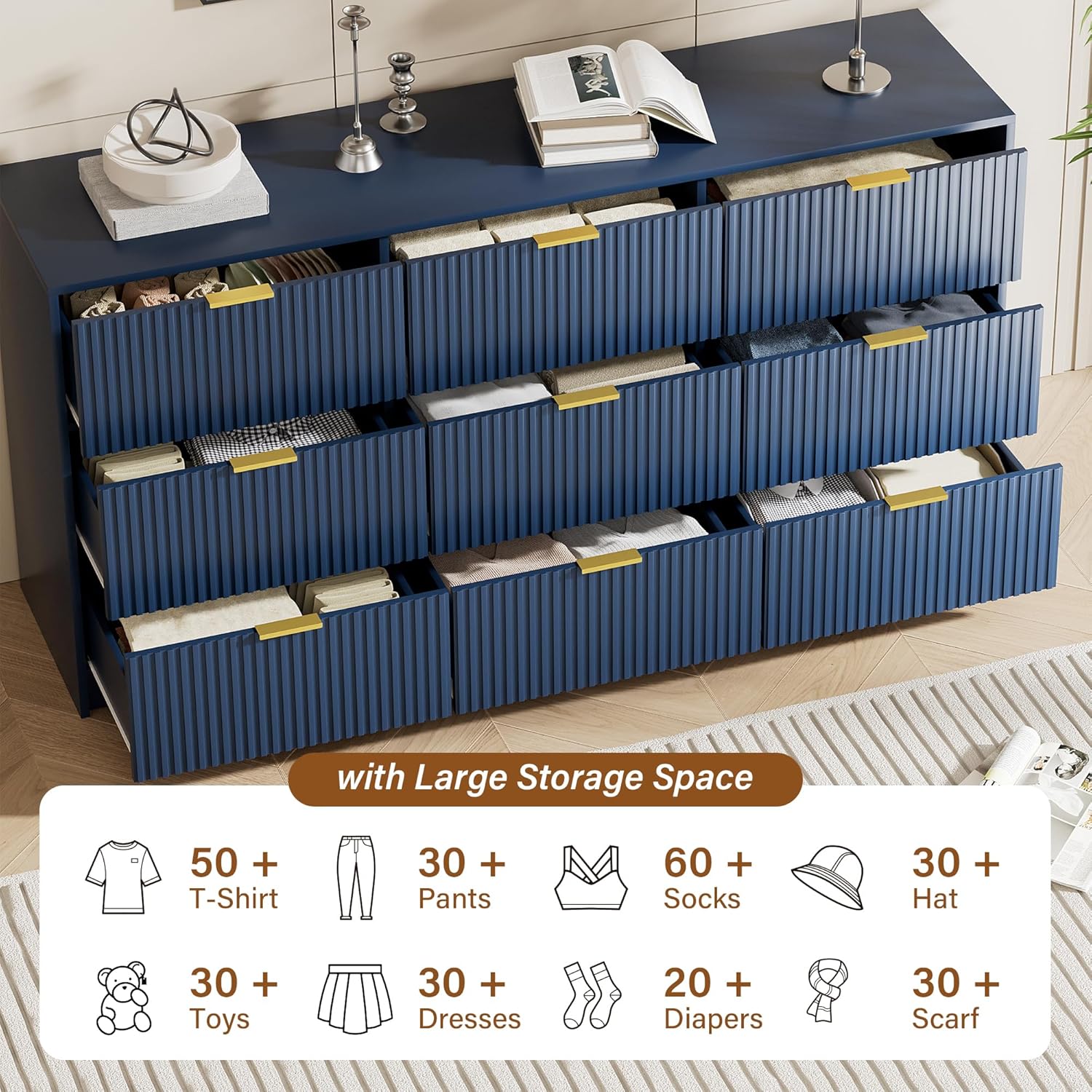 Blue Dresser Bedroom Set 3 Pieces, Nightstands Sets of 2, 9 Drawer Dresser with Gold Handles for Bedroom