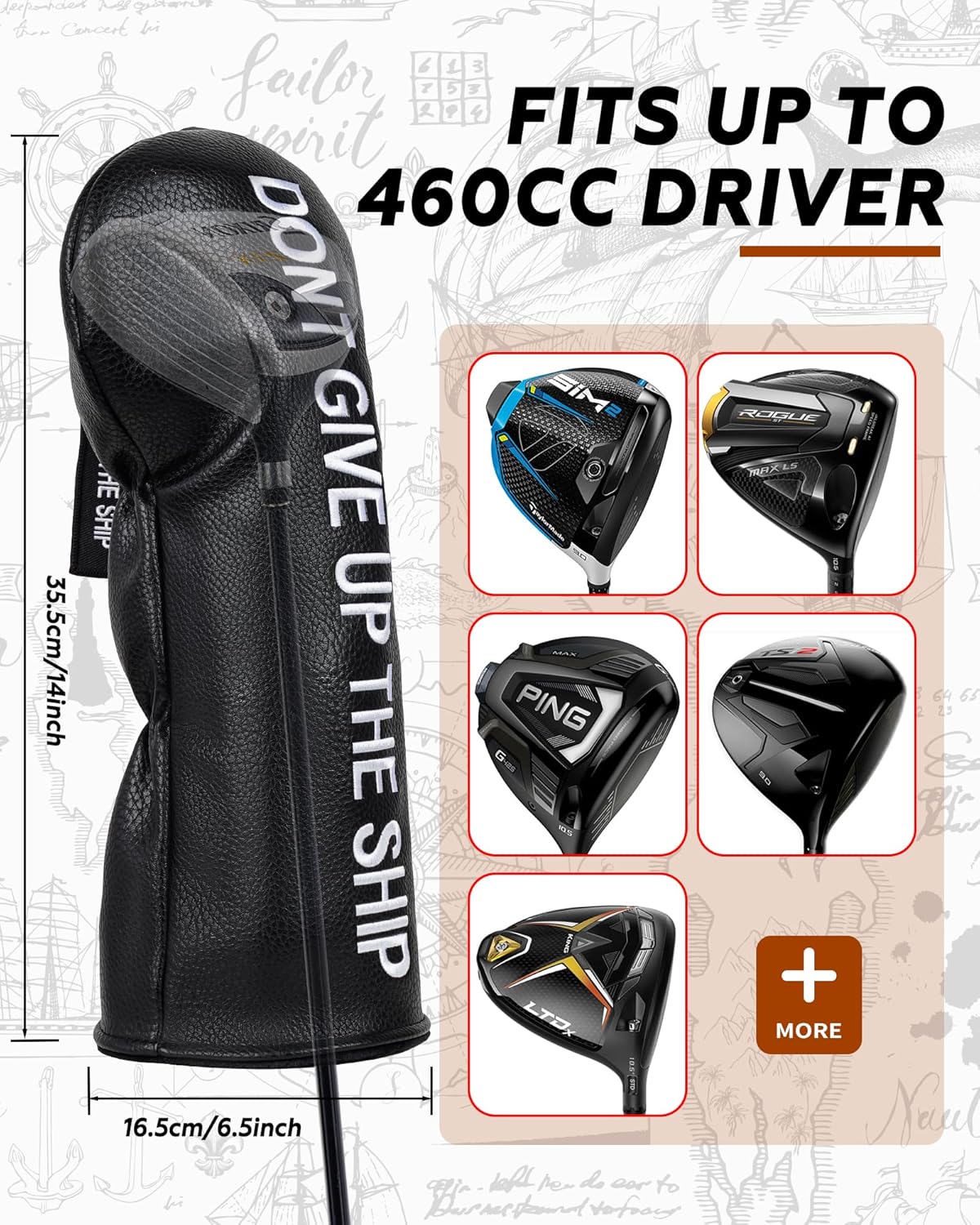 Big Teeth Golf Driver Headcover Naval Driver Head Cover, Nautical Themed Golf Driver Head Covers, Dont Give Up The Ship Golf Head Covers for Woods and Driver Black Color