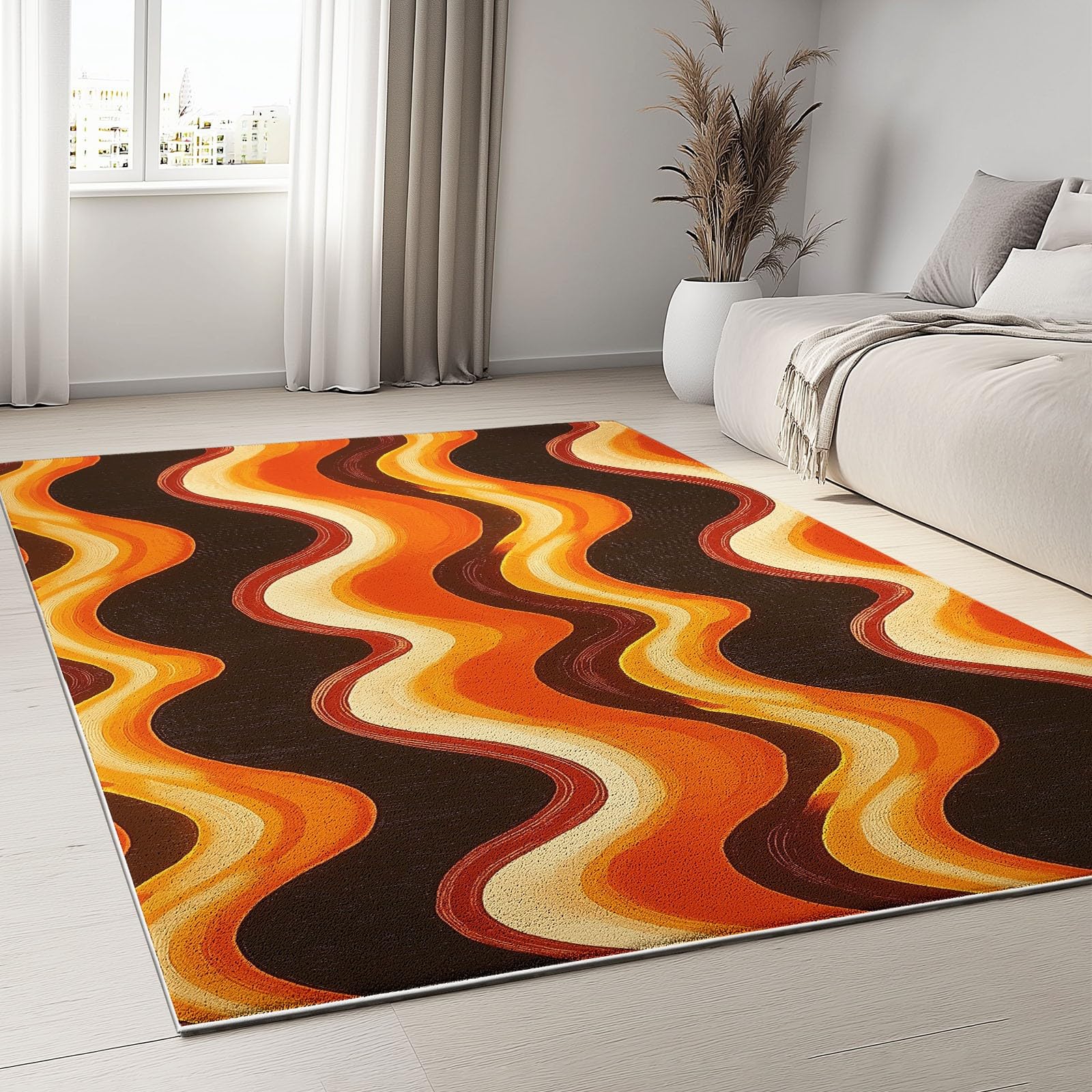 Générique Tapis Salon Vagues Rétro Funky 160 x 230 cm Tapis Chambre Impression 3D Moderne, Couleur Orange Moquette Antidérapant Lavable Machine, pour Salon Salle à Manger Bureau
