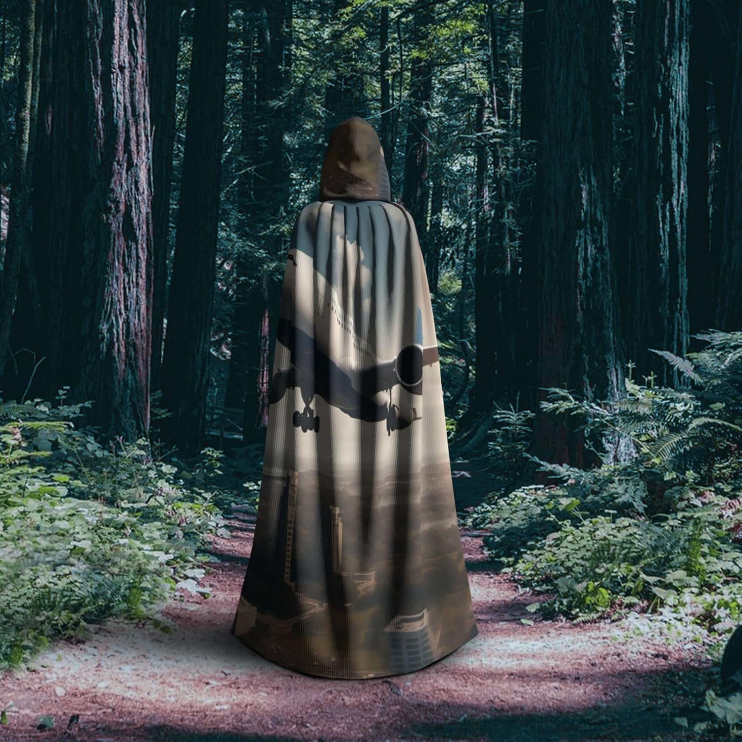 Unisex Full Length Hooded Halloween Christmas Party Robe Cloak Cape Cosplay Costume Men Women Airplanes in Motion Prints Black
