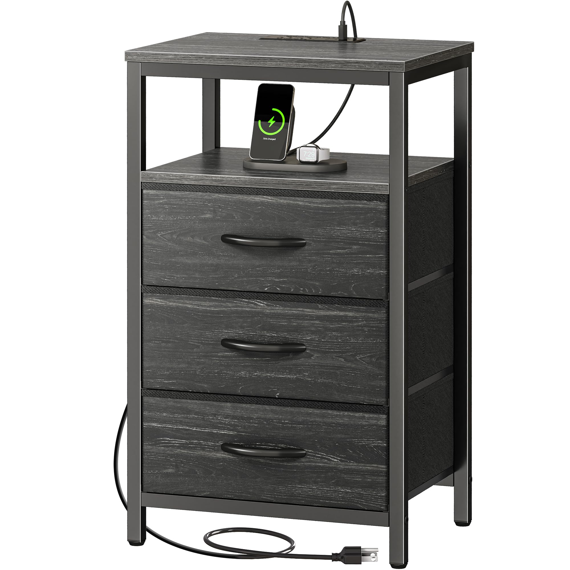 Huuger Nightstand with Charging Station, 27.6 Inch End Table Bedside Table with USB Ports and Outlets, Night Stand for Bedroom, Fabric Drawers, Charcoal Black Wood Grain Print