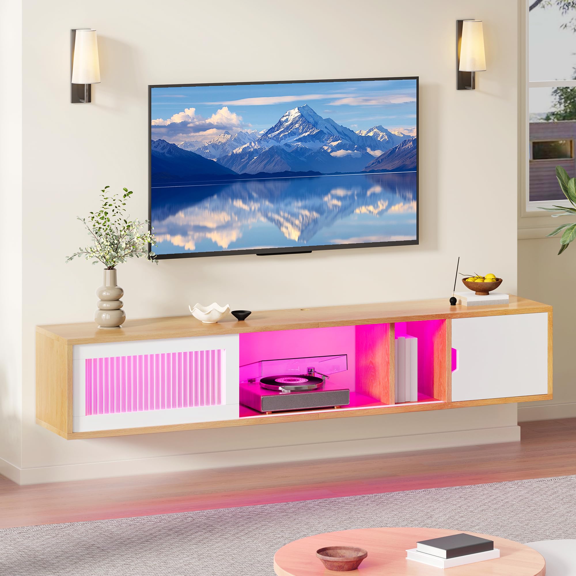 YITAHOME Meuble TV Suspendu Flottant avec Lumières LED RGB, 148 cm Meuble TV Flottant pour Téléviseurs Jusqu'à 65 Pouces avec Centre de Divertissement avec Porte pour Salon et Chambre