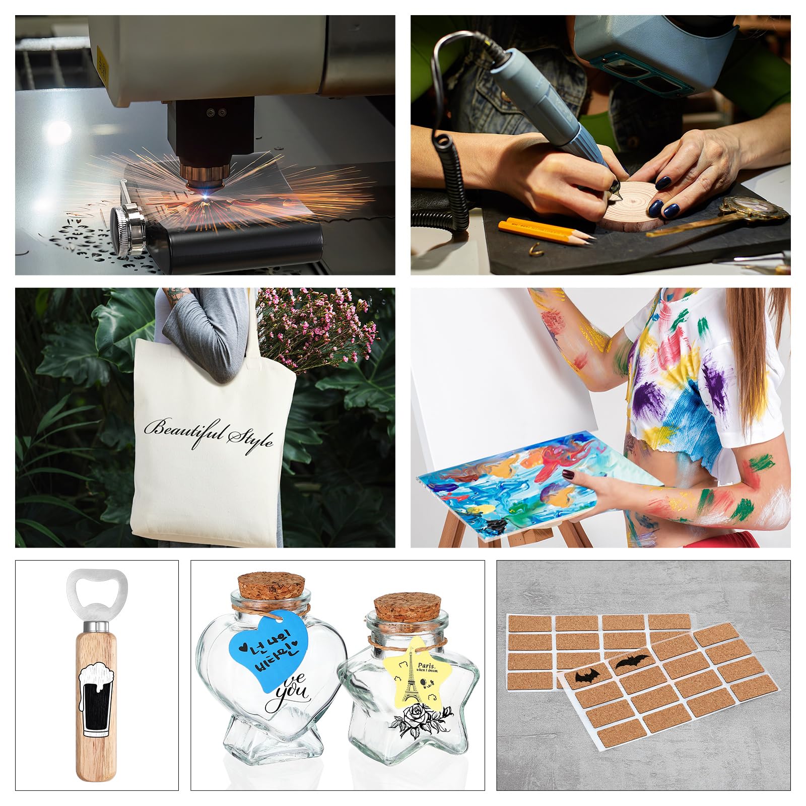 Dunzoom Kit de material láser de 257 piezas de materiales de grabado láser, incluyendo acrílico, metal, madera, tela, piel sintética, vidrio, roca, materiales de goma para grabadores láser y