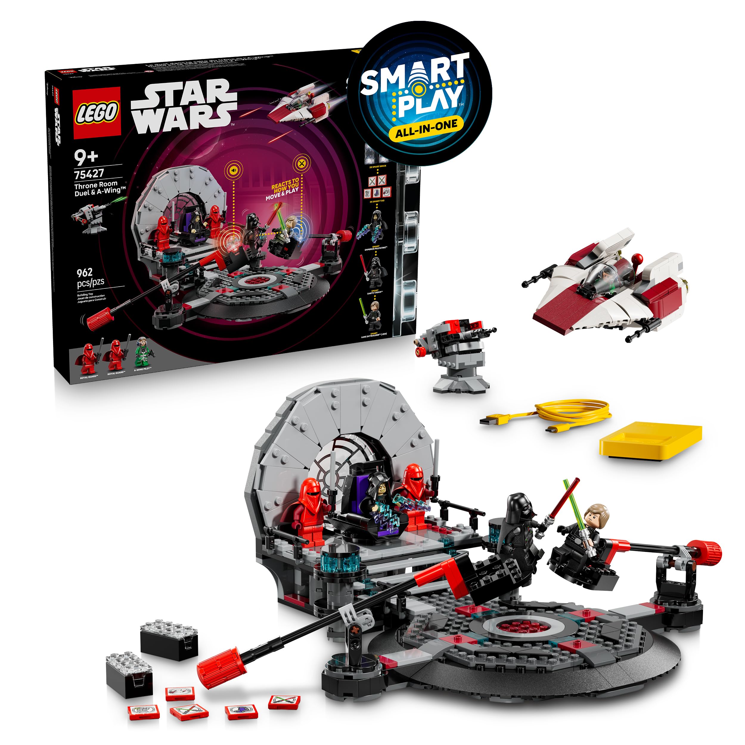 LEGO Star Wars 75427 SMART Play: Throne Room Duel & A-Wing - All-in-One Interactive Toy Set incl. 2 SMART Bricks, 5 Tags, 3 Minifigures & Charger - Gift Idea for 9+ Year Old Boys, Girls & Adult Fans