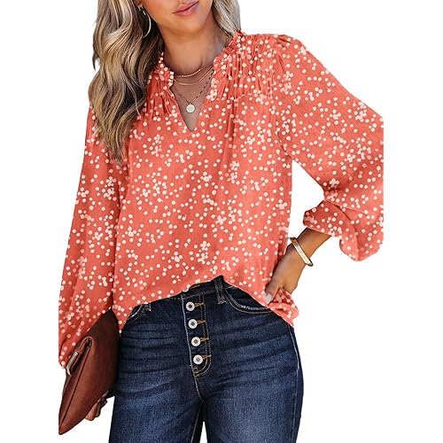 Dokotoo Women's Casual V Neck Alicia Floral Print Smocked Long Sleeve Chiffon Blouses Bohemian Top Shirts