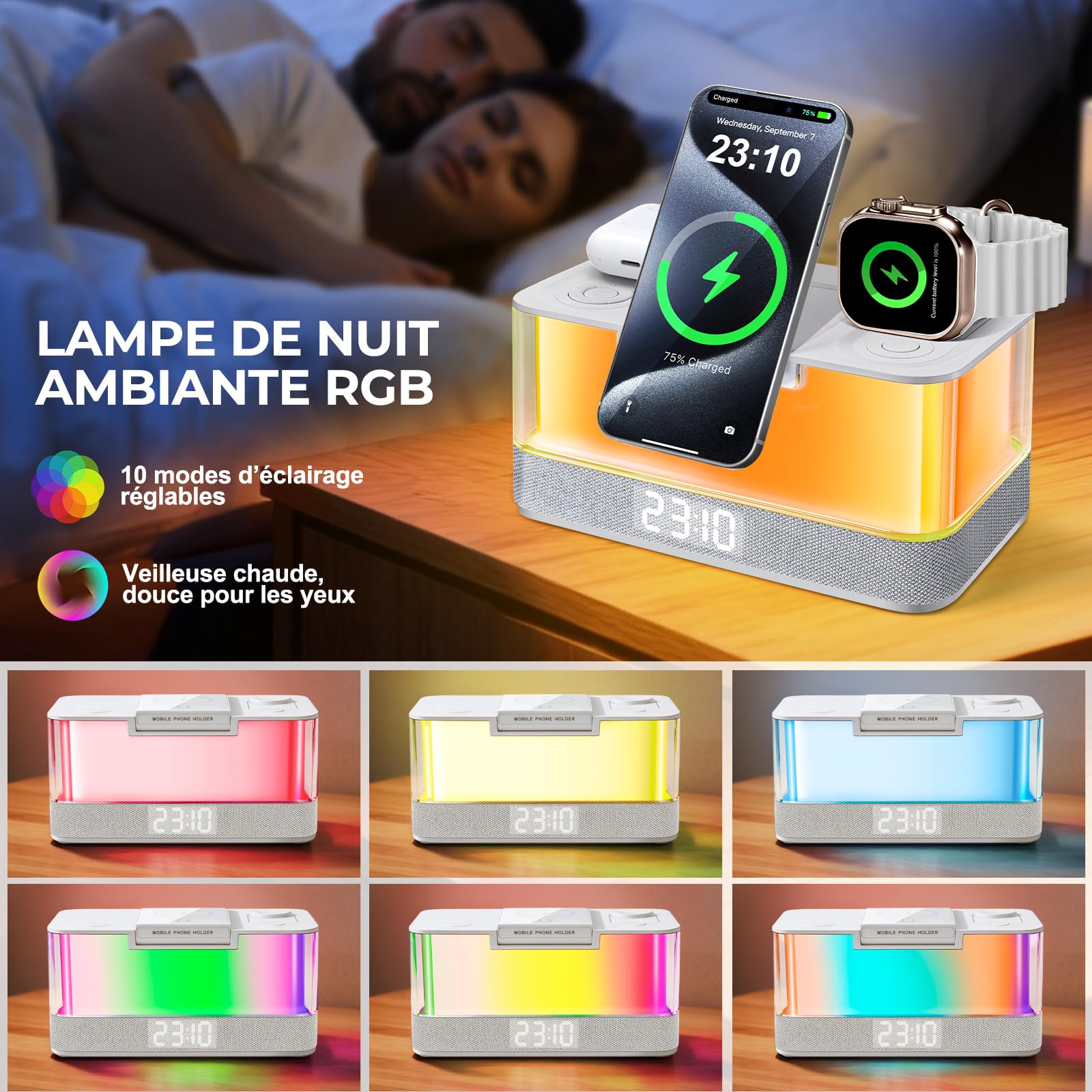 Charmofun Lampe de Chevet avec Enceinte Bluetooth et Chargeur Induction, 3 en 1 Station de Charge pour Phone Montre Connectée et Écouteurs, Enceinte Connectée avec Lampe d'ambiance Table