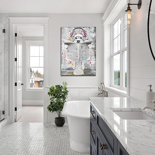 Miniatura 2 de ENTANUB Arte de pared de baño, divertido graffiti perro impresión impresión pintura para dormitorio, decoración de imagen en blanco y negro, tamaño