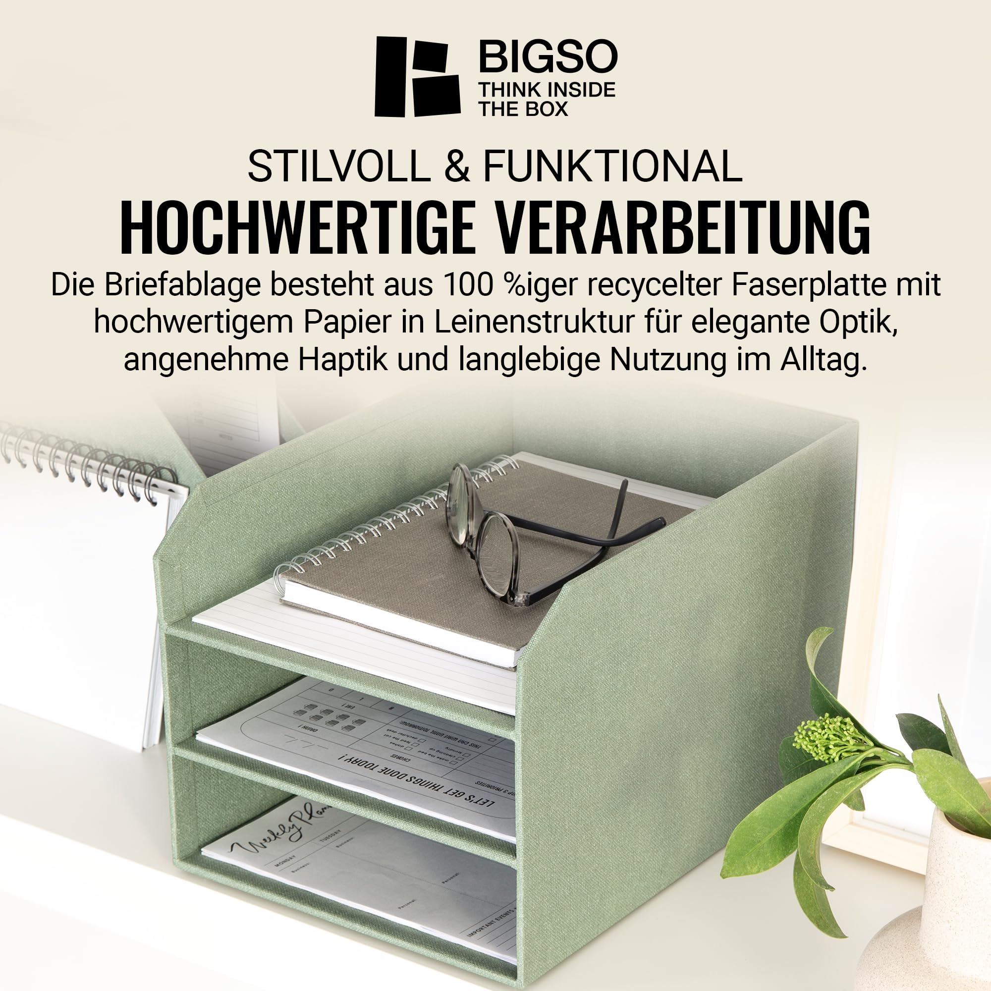 BIGSO Trey 3-stufige Briefablage – praktische Ablagefläche für Briefe, Dokumente in DIN A4-Format – Ordnungssystem aus Faserplatte mit Papier in Leinenoptik – mintgrün