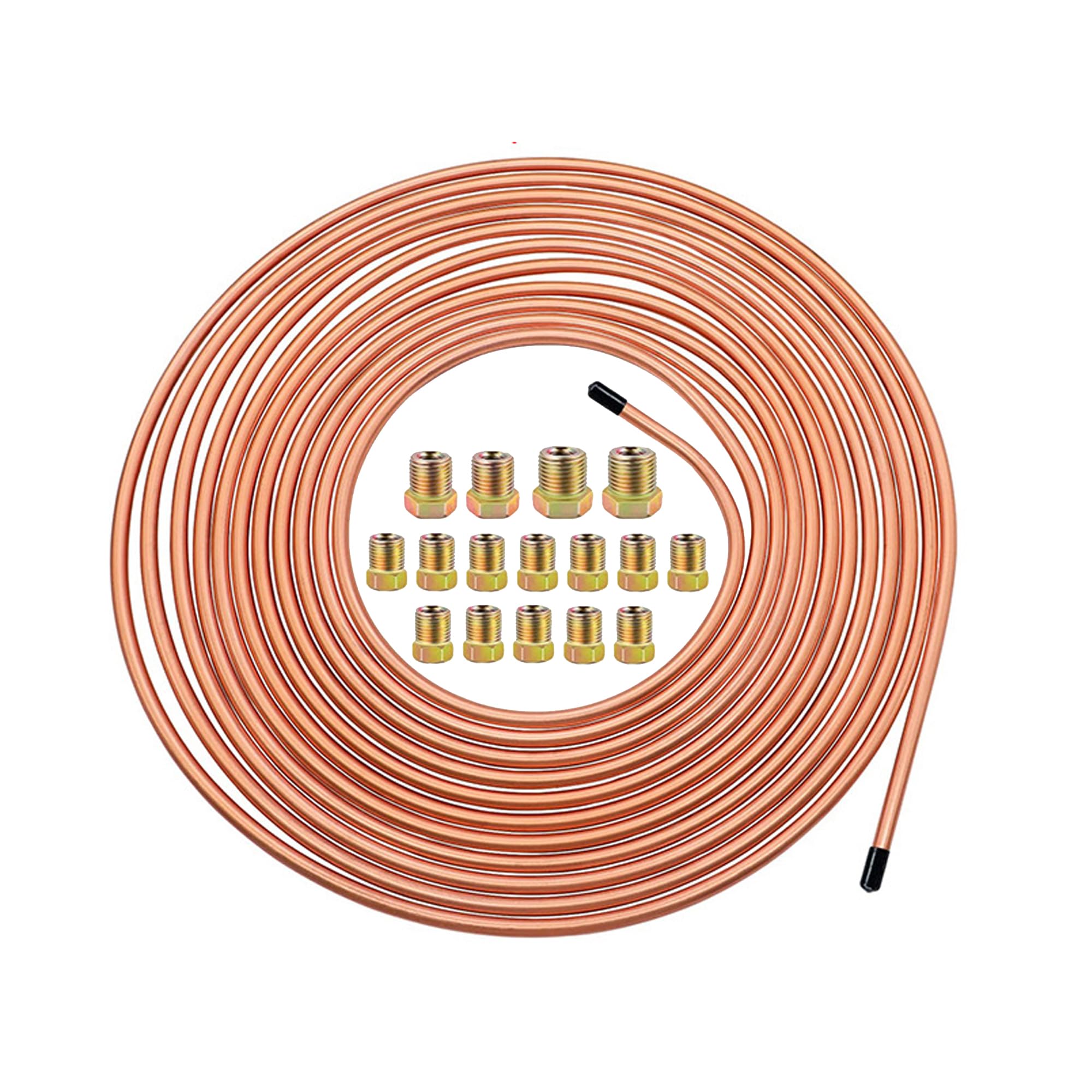 Tuyau de Frein en Cuivre 25ft/7,62m Ø 4.75mm, Kit de Conduite Générale de Frein Replacement, Auto Tube Tuyau de Carburant Frein, 3/16" de Rechange pour Automobile avec 16 Raccords