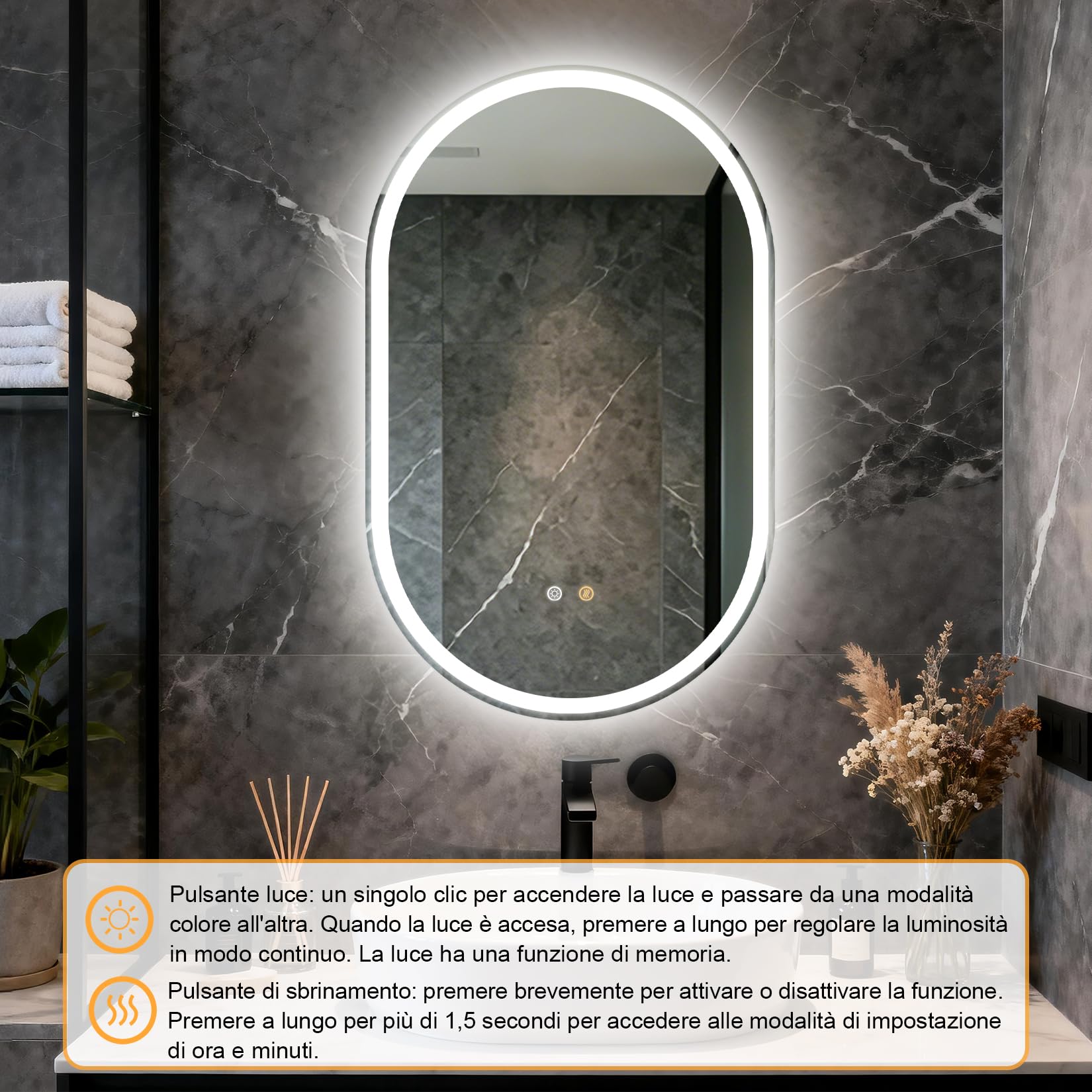 Miroir de salle de bains ovale avec éclairage LED, 80 × 50 cm