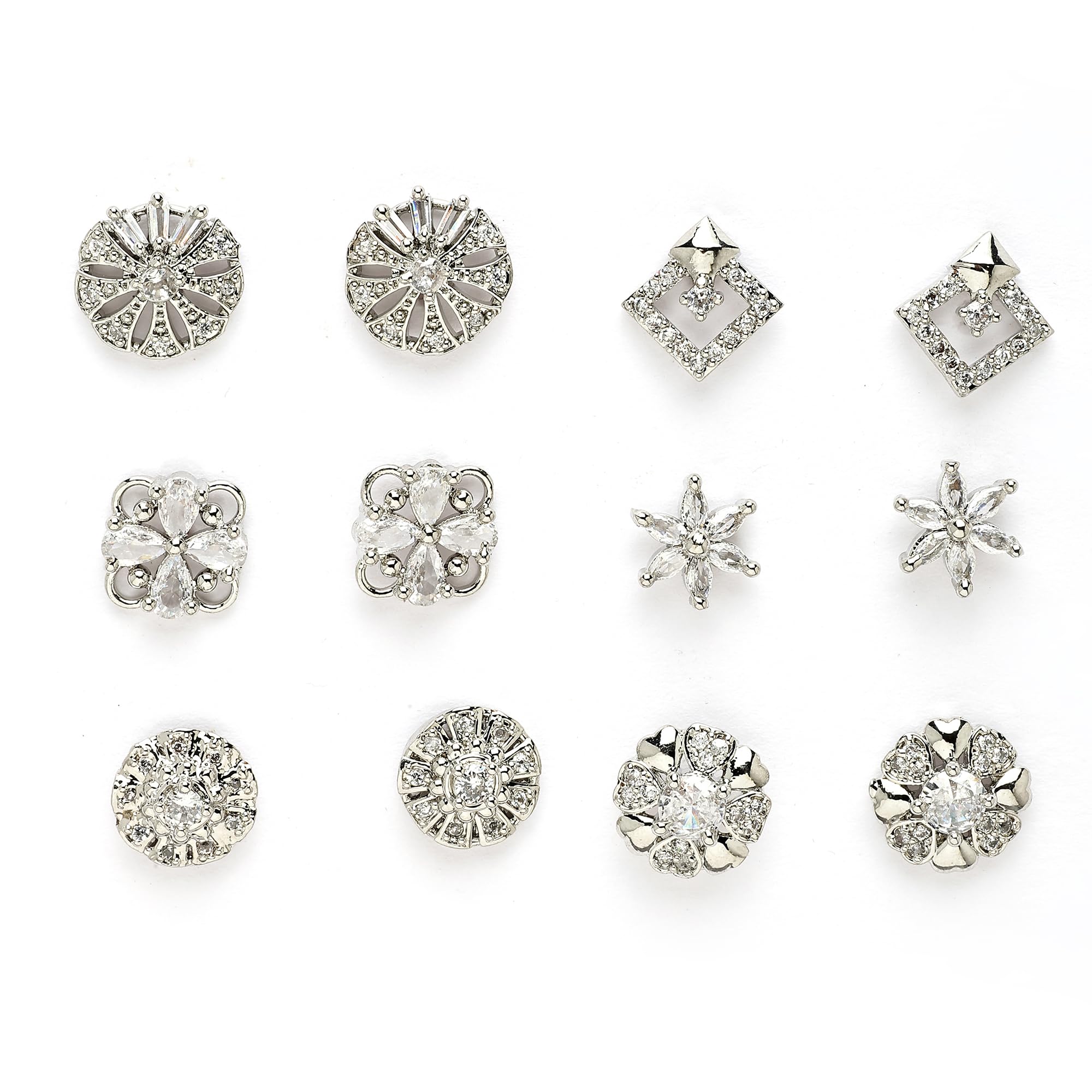 Rhodium Plated Silver Toned Set Of 5 Contemporary Star & Flower Twist Studs Earring For Women & GIfts For Girls-image-10