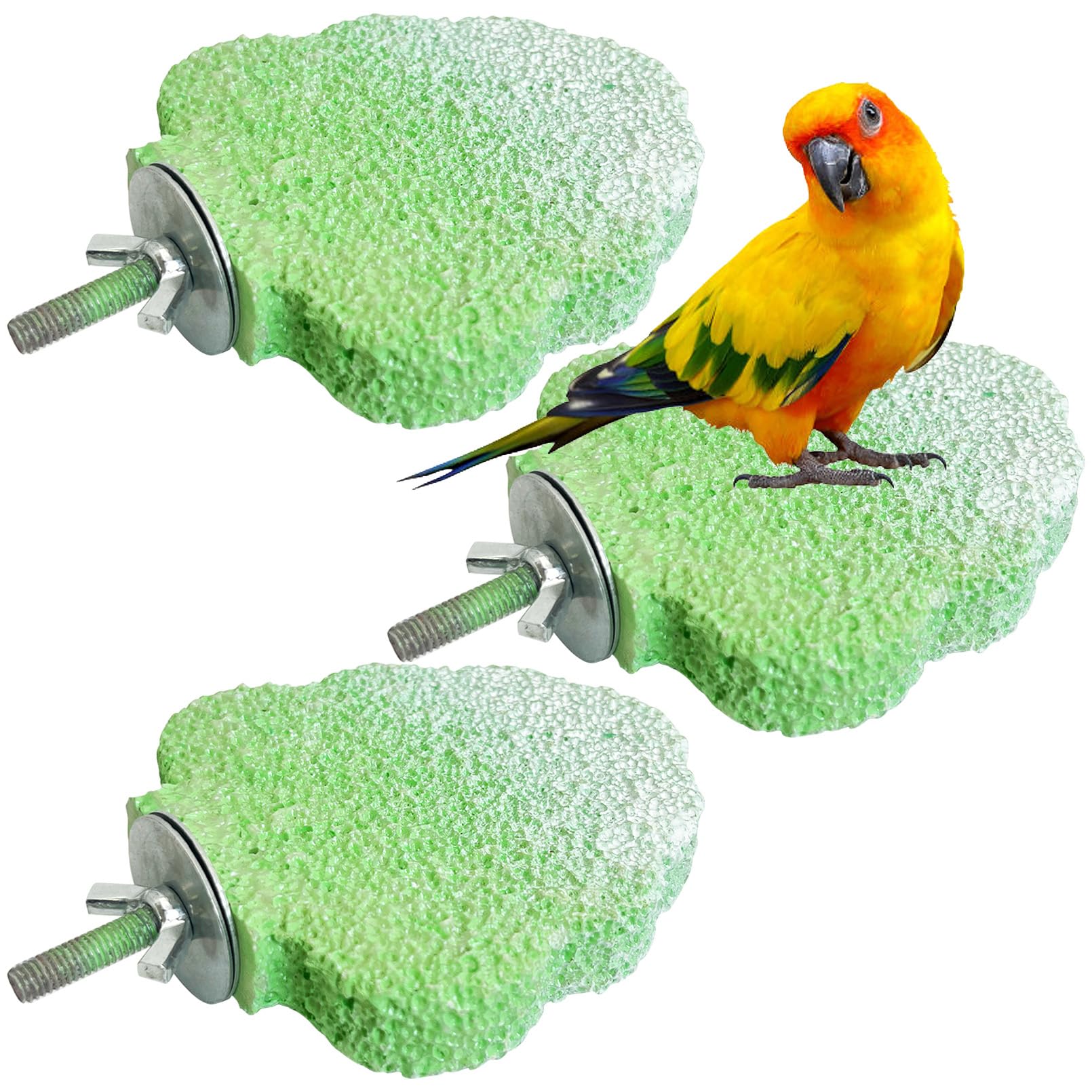 PINVNBY 3PCS Bird Beak Grinding Stone Resin Bird Perch Stand Grinding Claw Birds Cage Perch Parrot Climbing Chewing Toys Parakeet Cage Accessories for Budgies Cockatiels Conures (Green)