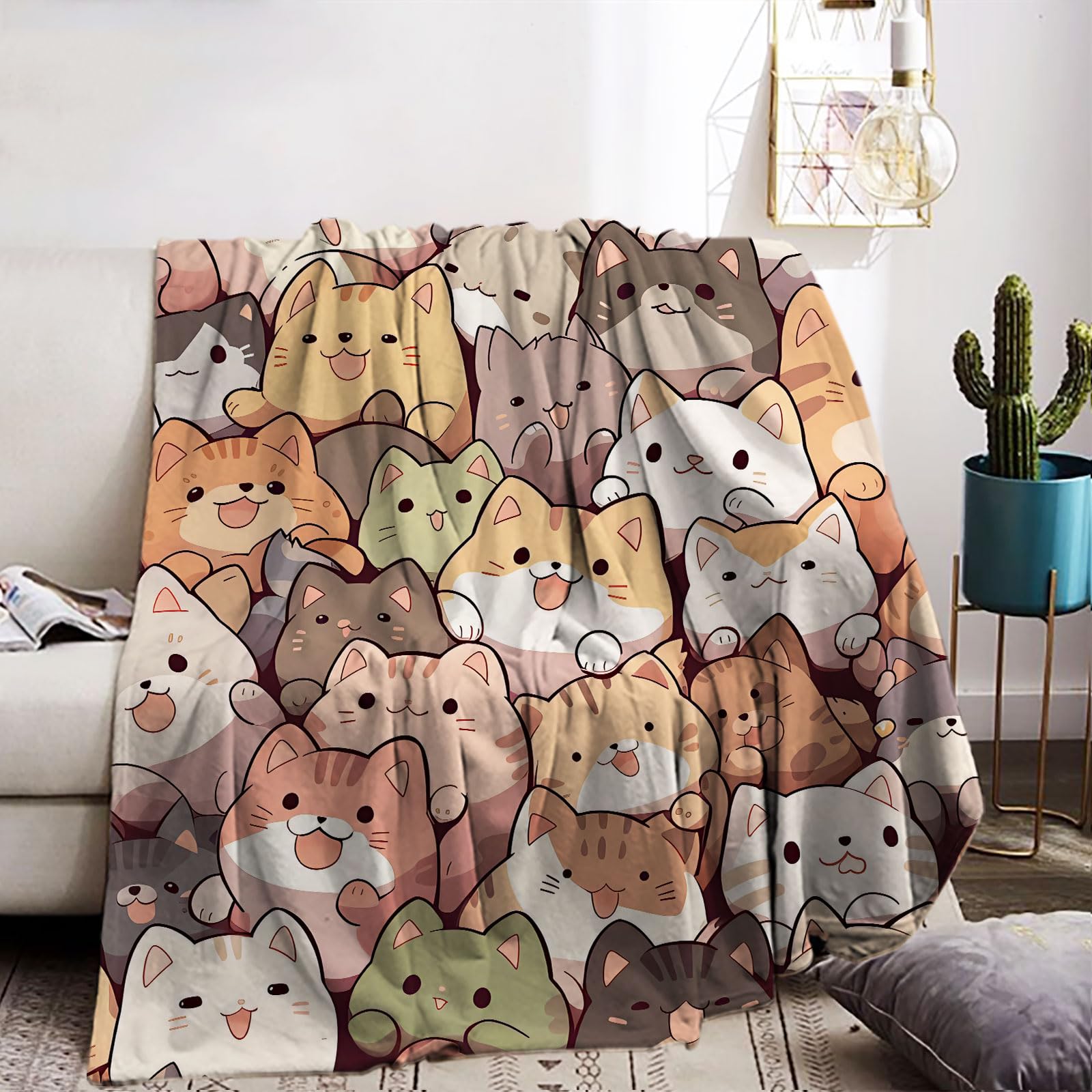 Manta con Estampado de Gato, Manta de sofá de Viaje, Suave y cómoda de sofá, para otoño e Invierno (Gato-3, 130x150cm)