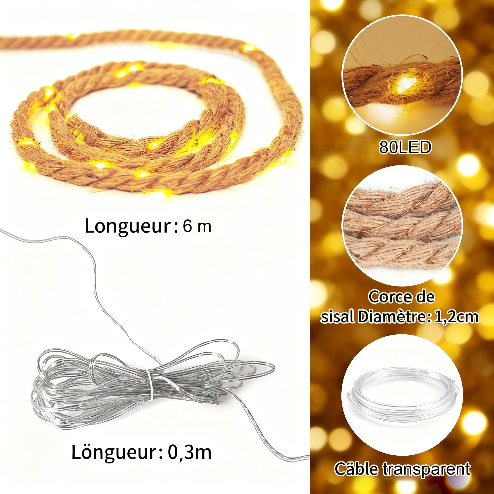 gresonic corde chanvre Guirlande lumineuse LED 80LED 6m de long avec minuterie et prise coton naturel Cordon en jute Couleur blanc chaud Décoration de jardin Éclairage intérieur Décoration de Noël