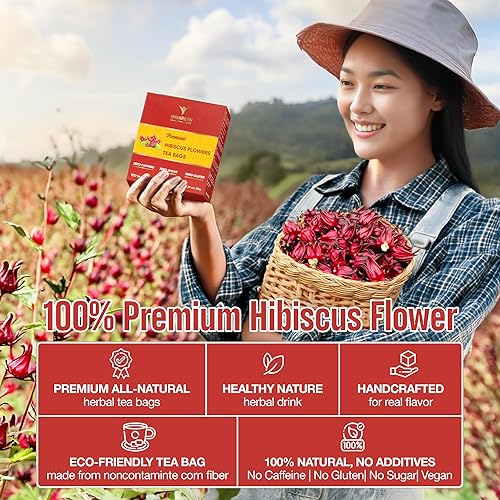 Miniatura 3 de VINAREEN Té de hibisco - 100 bolsas de té - Hecho de flores de hibisco 100% puras secado al sol y seleccionado a mano - Te De Flor De Jamaica - Rico