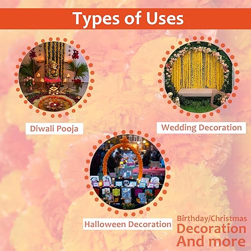 Miniatura 5 de THE ART BOX Guirnalda de flores artificiales de caléndula paquete de 5 unidades amarillo mango de 5 pies cada una de las flores falsas de otoño