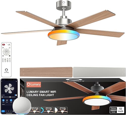Lumary Ventilador de techo inteligente con luces RGBAI de 52 pulgadas, RGB y temperatura de color continua, funciona con AlexaGooglemando a