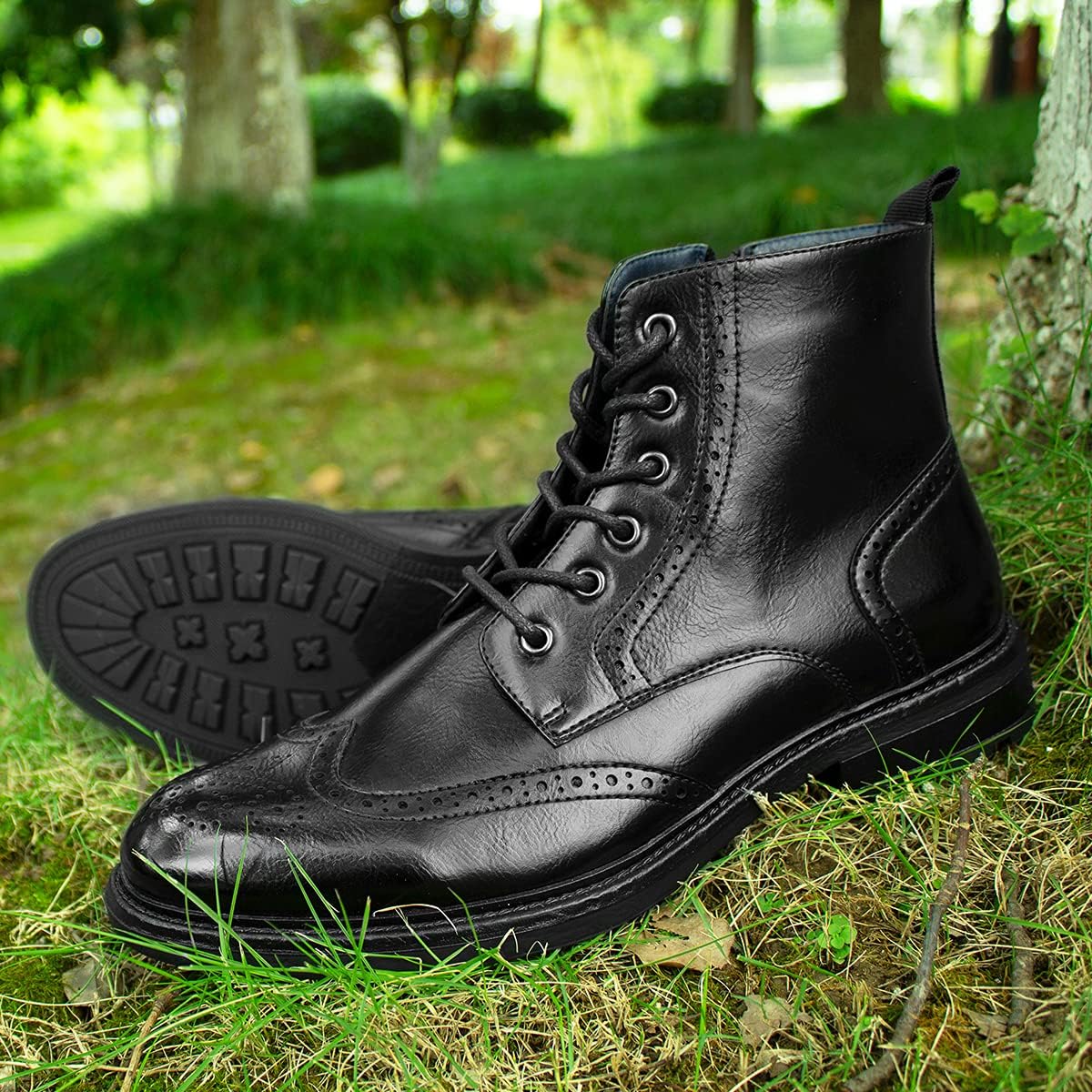 Temeshu Men's Wingtip Ankle Boot Side Zip Motorcycle Oxford Boots (with shoelaces) HH07 - Image 6