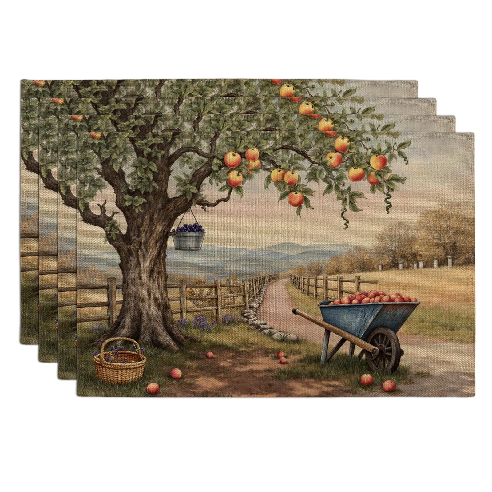 Fruits Tree Placemats, Rustic Farmhouse Country Style Table Mats for Dining, Autumn Harvest Non-Slip Washable Indoor Outdoor Kitchen Decorative Placemat Set of 4