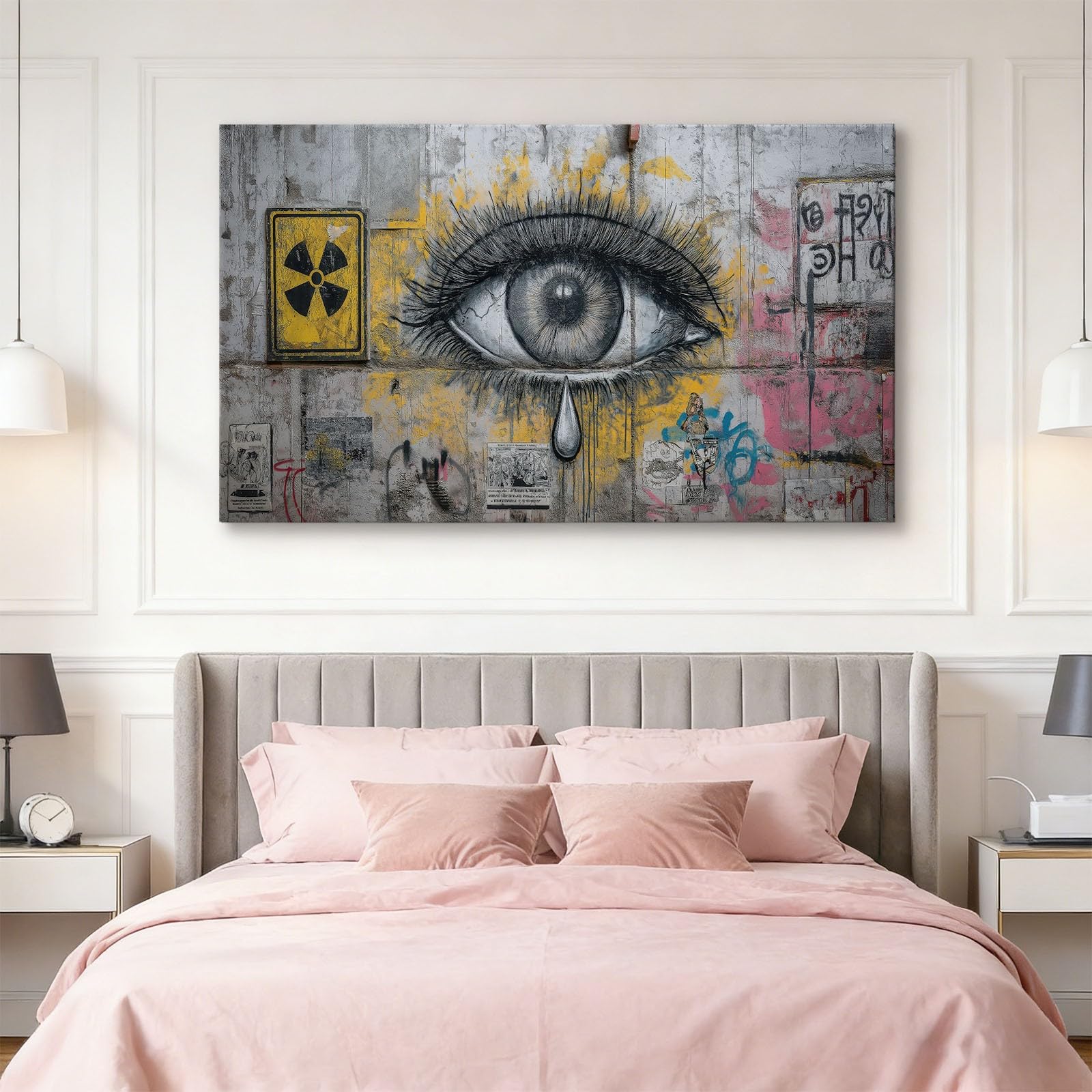 Graffiti Eye Canvas Wall Art, stampe su tela retrò City Street per soggiorno, camera da letto, ufficio, grigio impermeabile immagini da parete per bagno, 99 x 50 cm, senza cornice