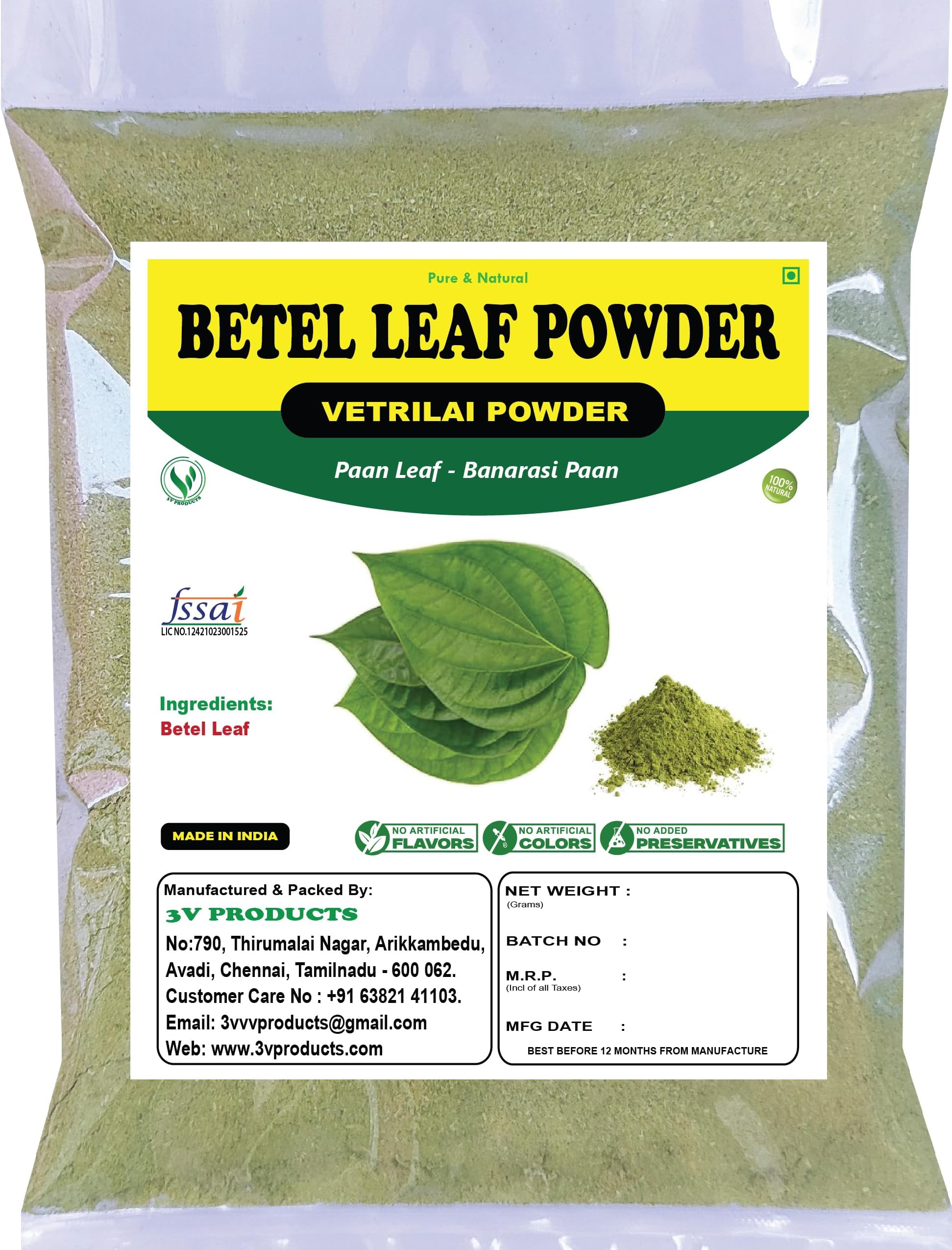 3V PRODUCTS Betel Leaf Powder 50g | Paan Leaf | Vetrilai | Banarasi Paan