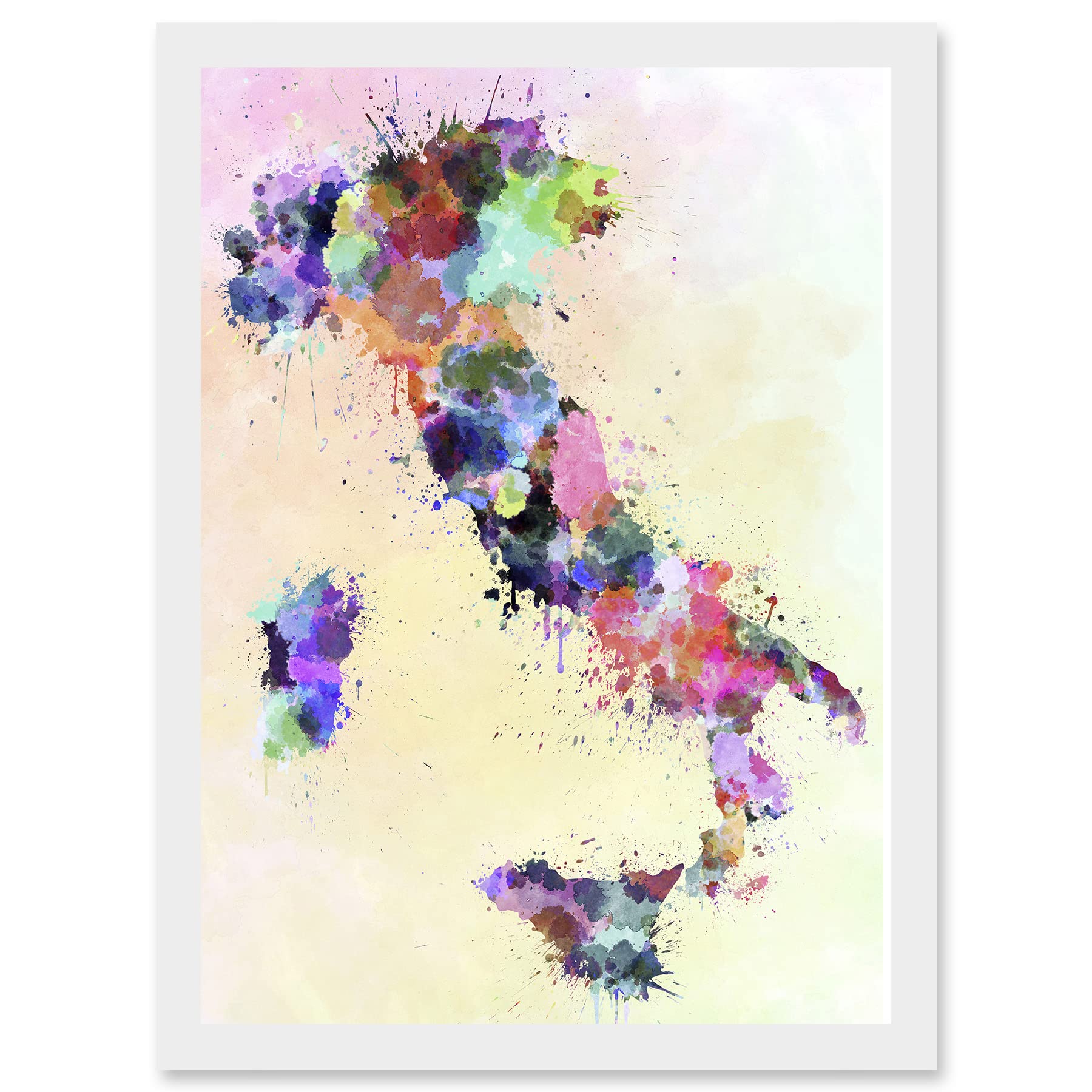 Artery8 Map Painting Italy Sardinia Sicily Paint Splash Colour A4 Artwork Framed Wall Art Print